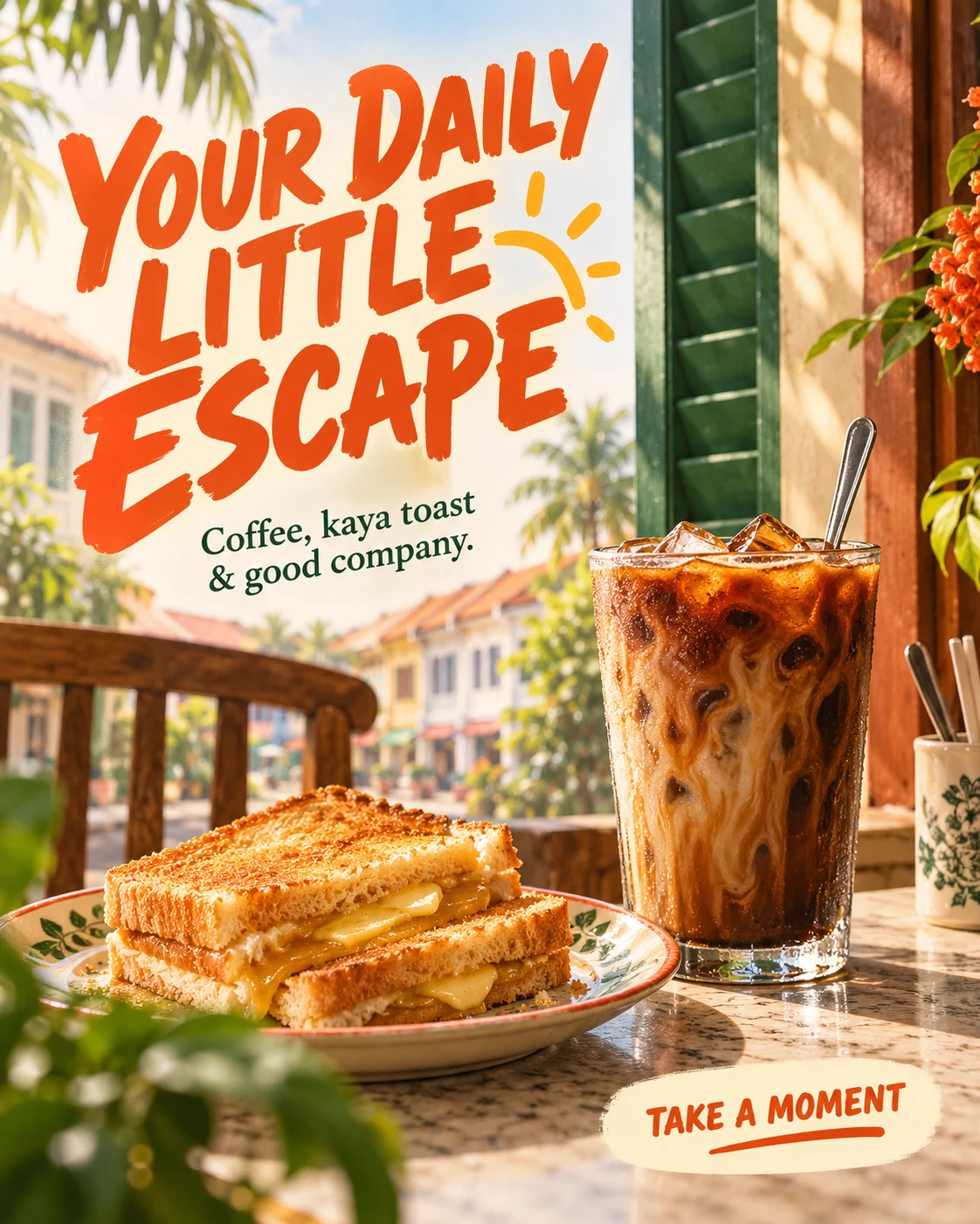 Café · Retro print — YOUR DAILY LITTLE ESCAPE · Coffee, kaya toast & good company. · TAKE A MOMENT