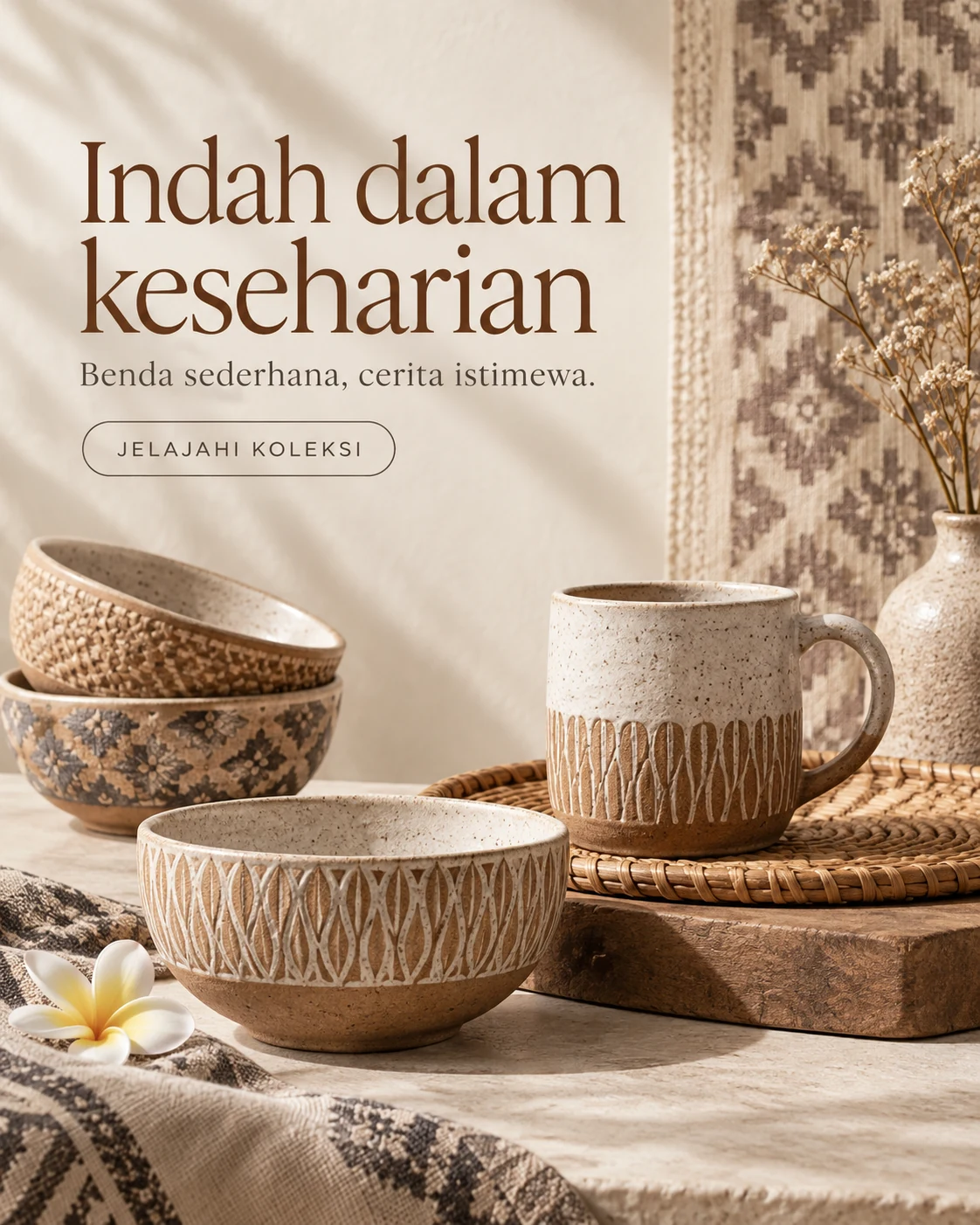 Keramik · Desain editorial — Indah dalam keseharian · Benda sederhana, cerita istimewa. · JELAJAHI KOLEKSI