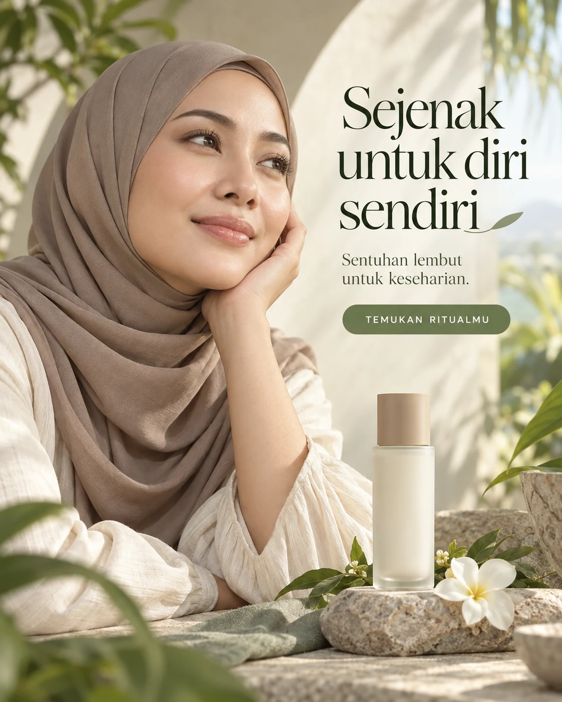 Perawatan kulit · Mewah minimalis — Sejenak untuk diri sendiri · Sentuhan lembut untuk keseharian. · TEMUKAN RITUALMU