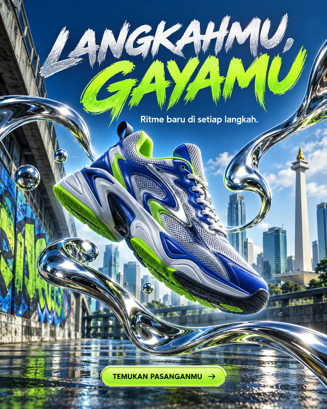 Sepatu · 3D cerah — LANGKAHMU, GAYAMU · Ritme baru di setiap langkah. · TEMUKAN PASANGANMU
