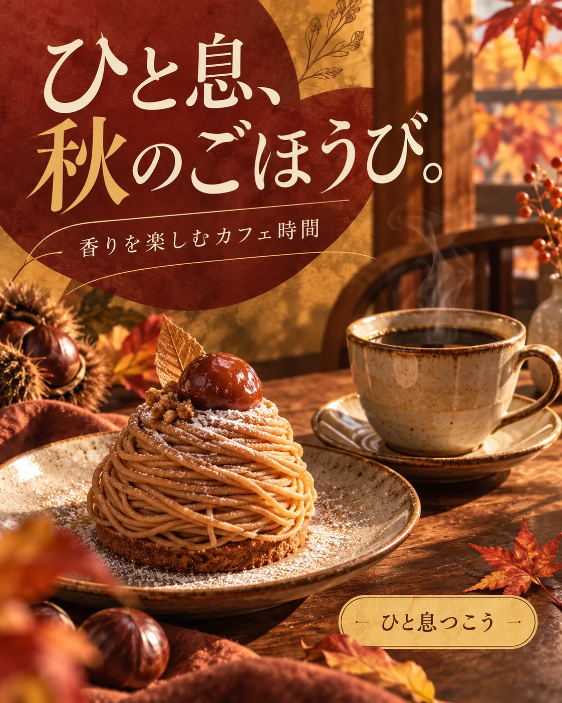 カフェ · レトロ印刷 — ひと息、秋のごほうび。 · 香りを楽しむカフェ時間 · ひと息つこう