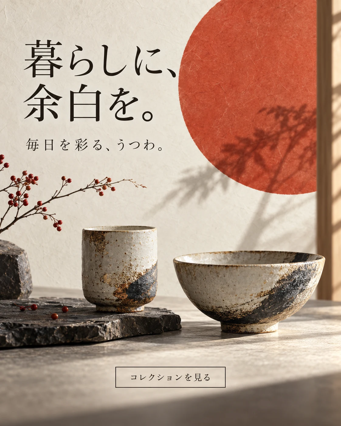 陶器 · エディトリアルデザイン — 暮らしに、余白を。 · 毎日を彩る、うつわ。 · コレクションを見る