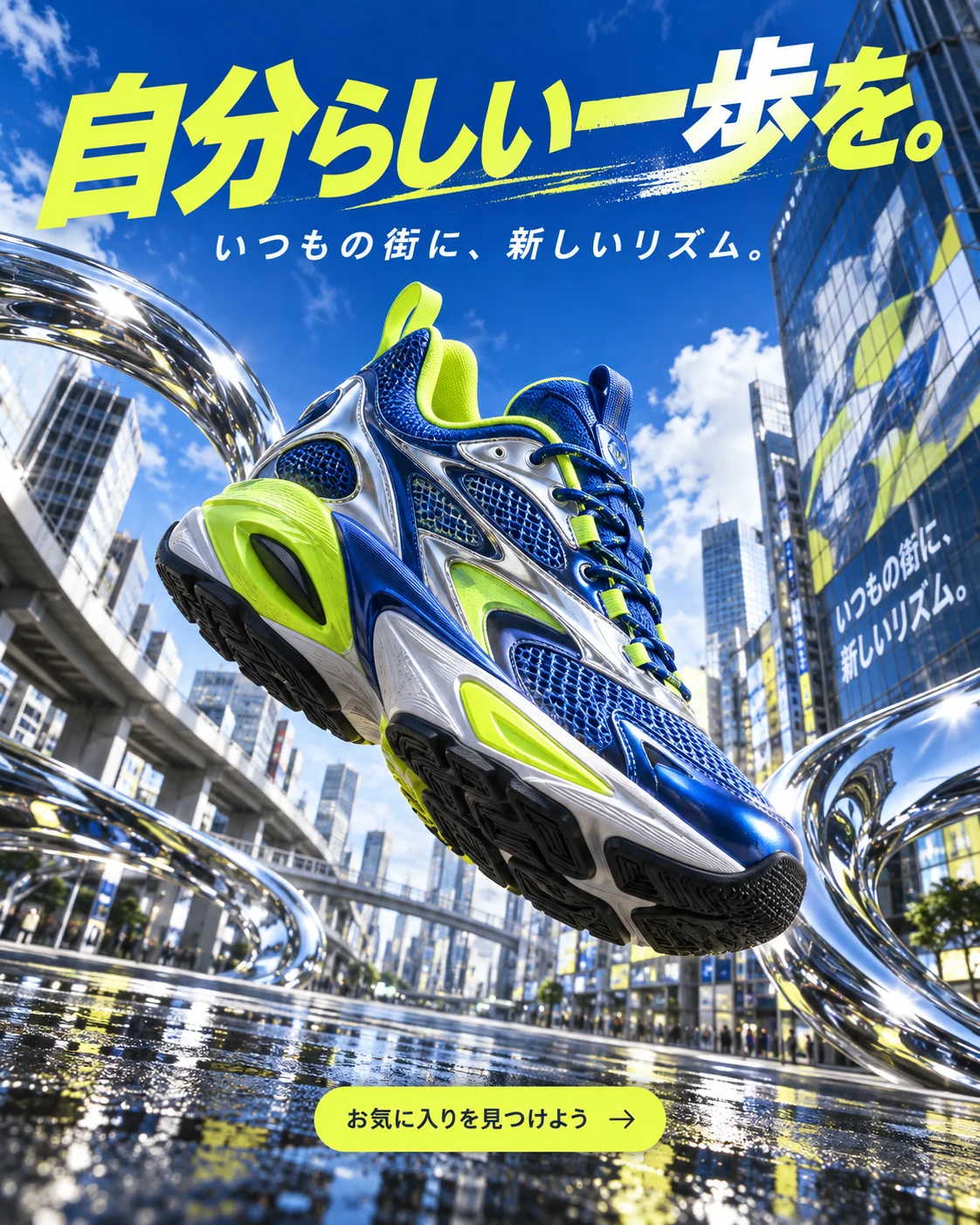 スニーカー · 鮮やかな3D — 自分らしい一歩を。 · いつもの街に、新しいリズム。 · お気に入りを見つけよう