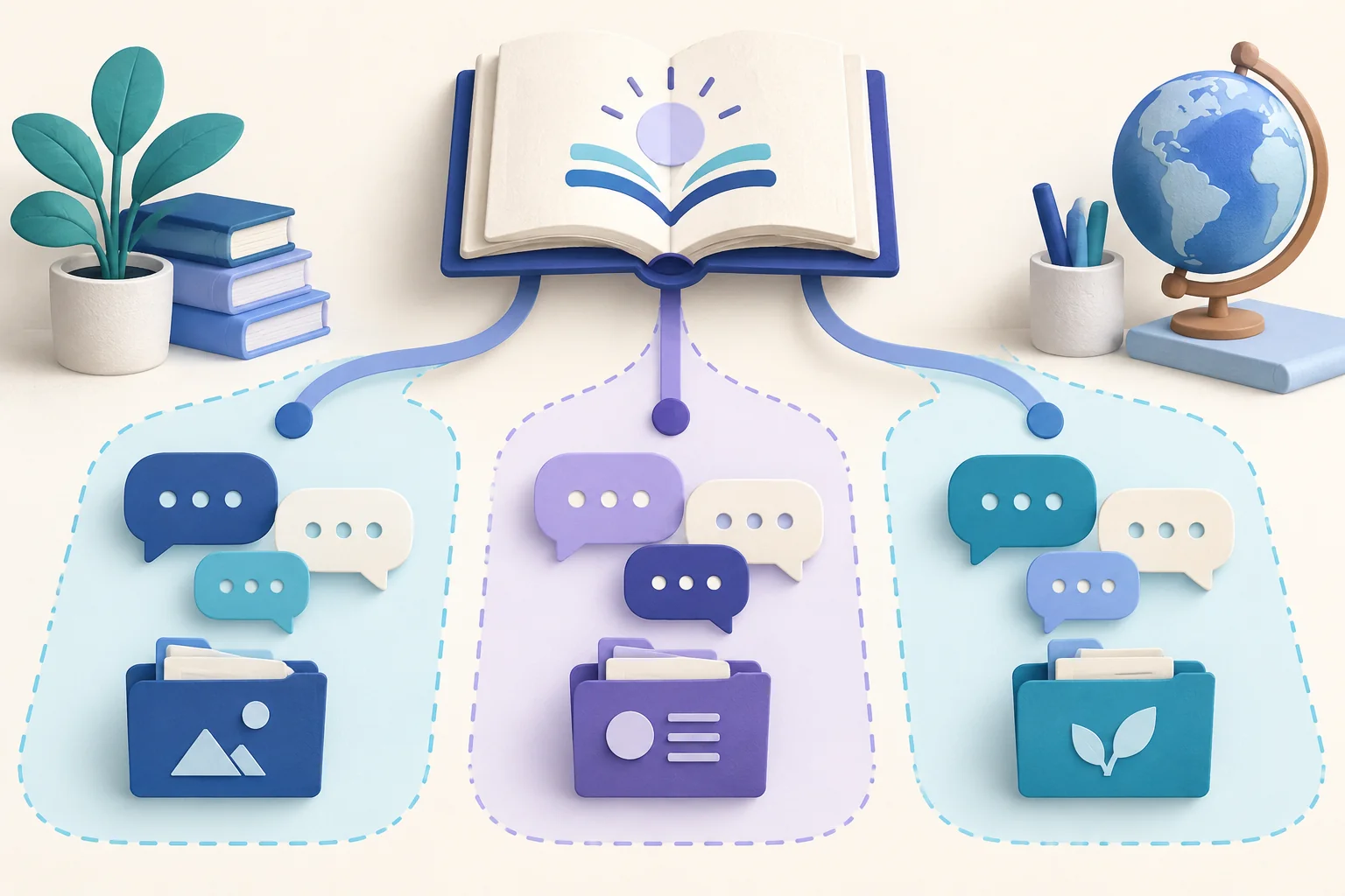 Illustration of one open shop book linked to three separate areas, each with its own chat bubbles and its own folder