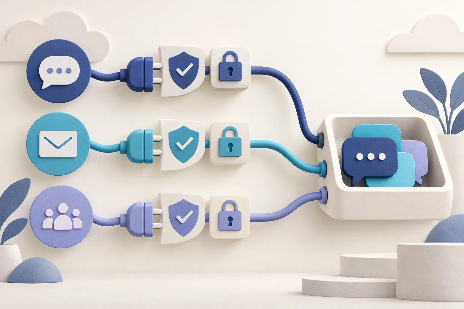 Illustration of three generic message icons, each plugged through a shield with a tick and a padlock into one shared chat inbox