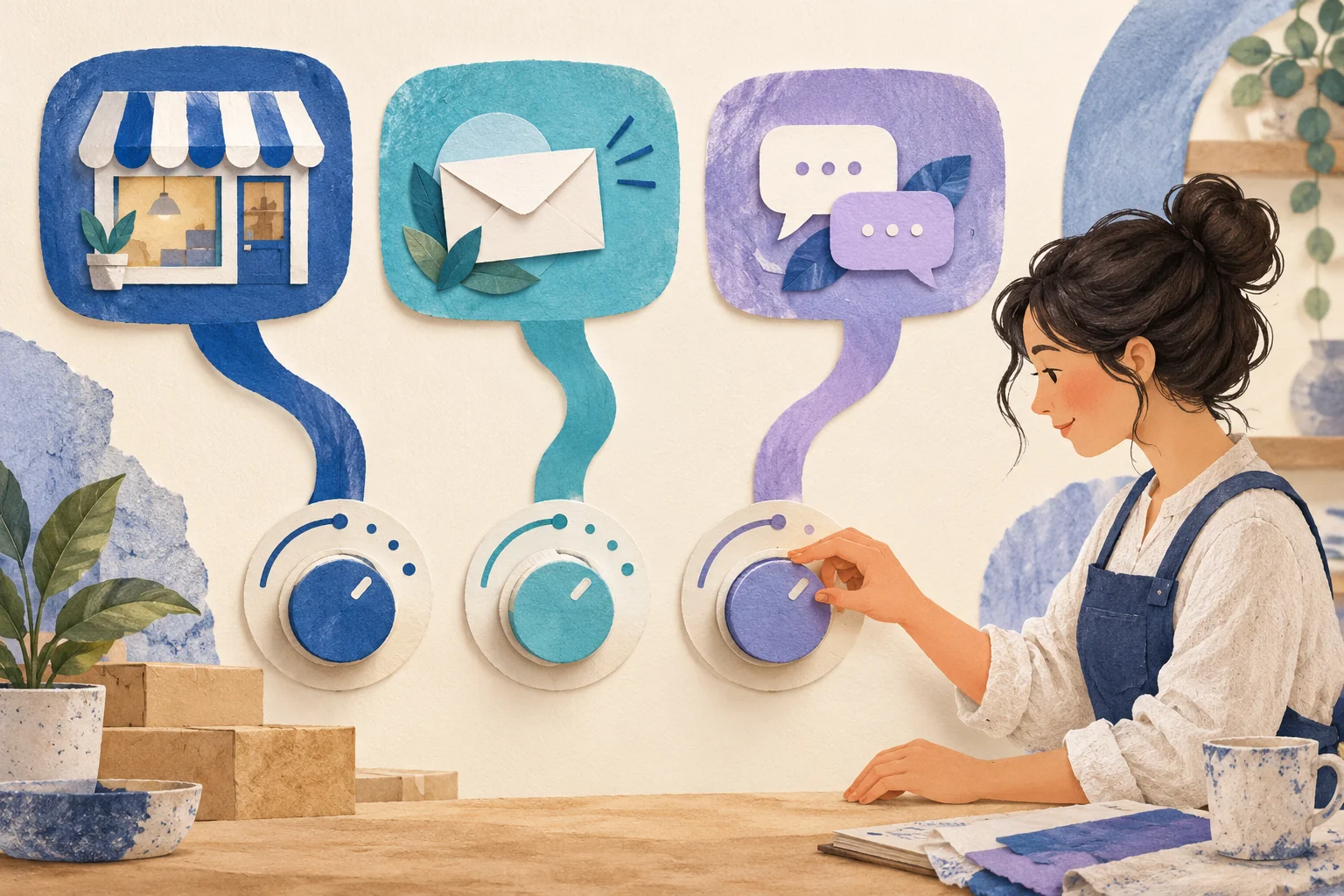 Illustration of three coloured conversation lanes, each starting from a different speech-bubble picture and ending at its own control dial, with a shop owner turning the third dial