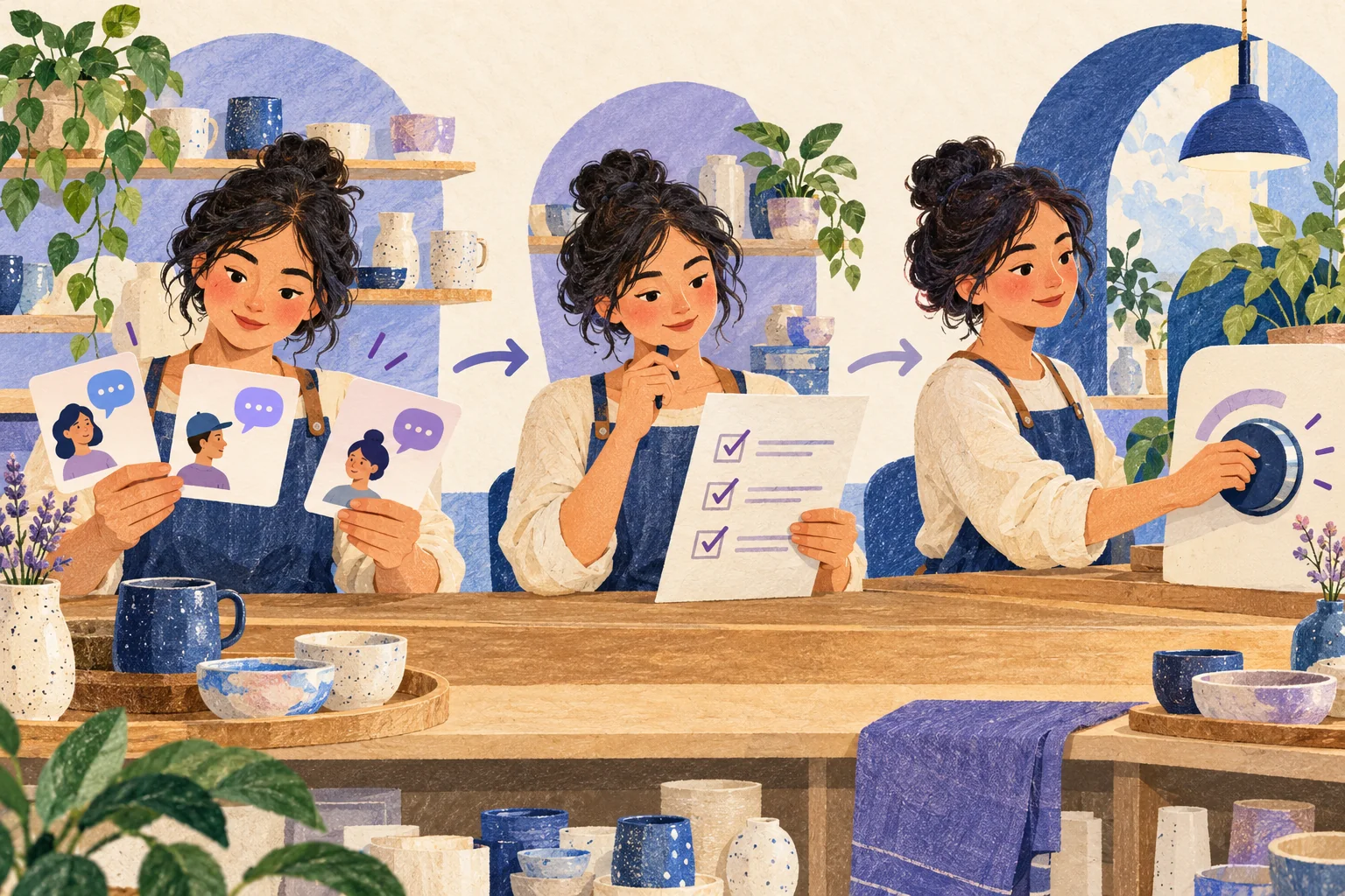 Illustration of the same shop owner in three steps: holding up sample customer conversation cards, reviewing a ticked checklist, then turning a control dial