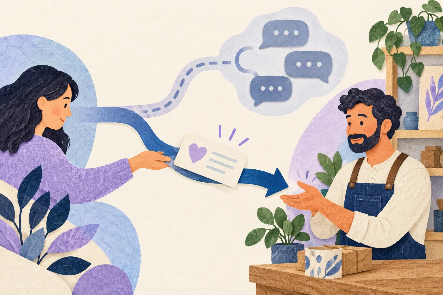 Illustration of a customer handing a card with a heart along a direct path to a smiling shop owner, while a faded dashed lane leading to a cloud of chat bubbles is passed by