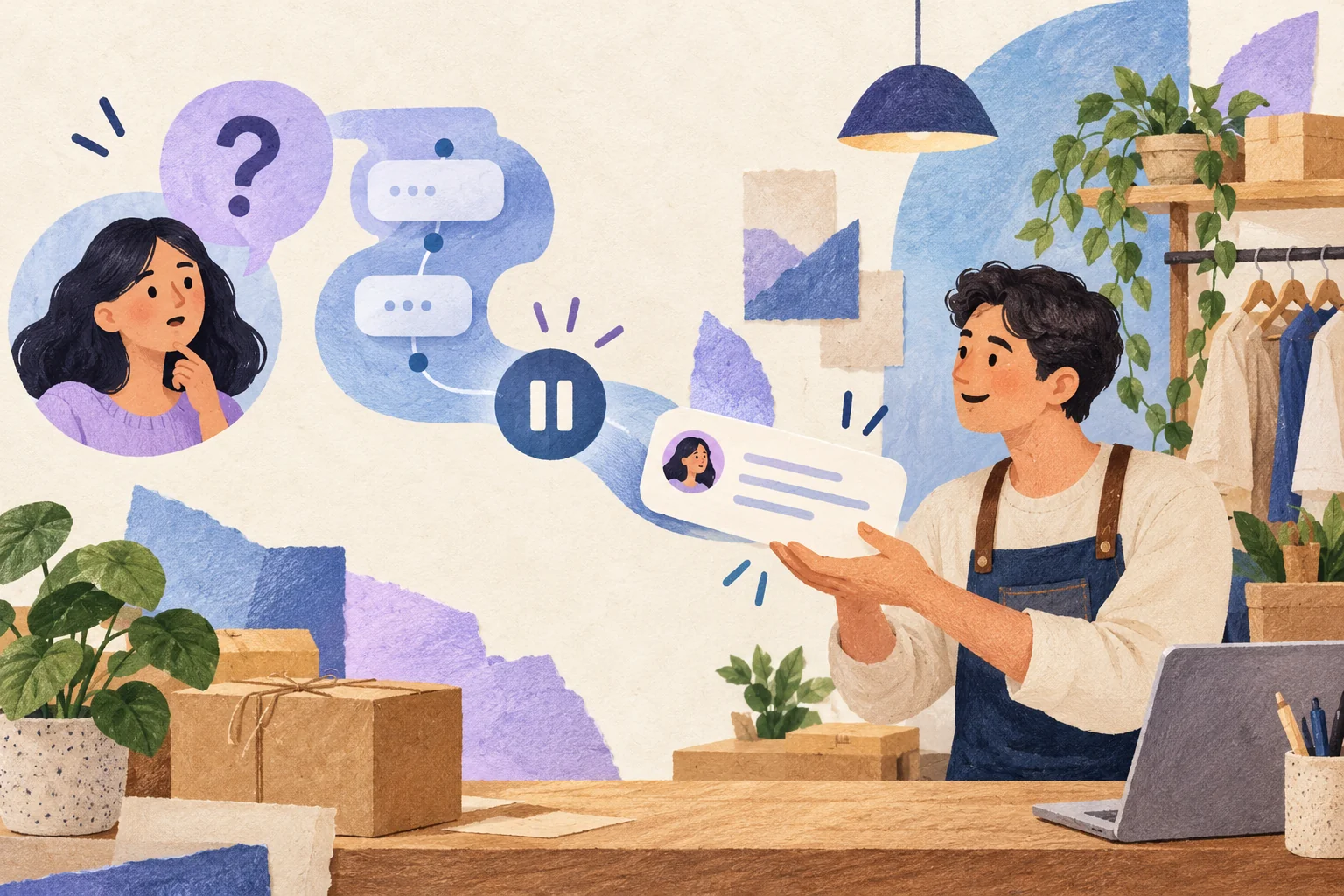 Illustration of a customer with a question mark, a chat path that stops at a pause symbol, and a clothing shop owner receiving the conversation card