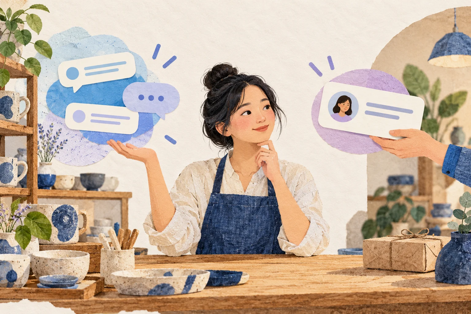 Illustration of a ceramics shop owner at her counter, looking between a cloud of automated chat bubbles on one side and a conversation card that someone hands her on the other
