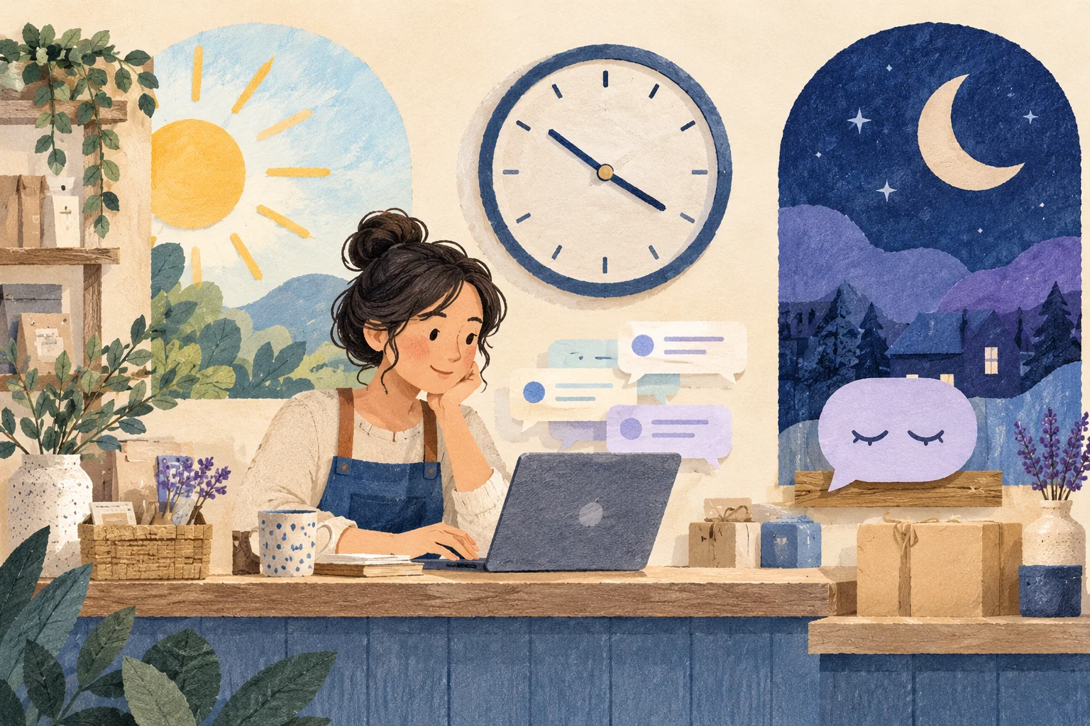 Illustration of a shop owner at a laptop under a wall clock, with a sunny window on one side, a night window with a moon on the other, and a sleeping speech bubble resting by the night window
