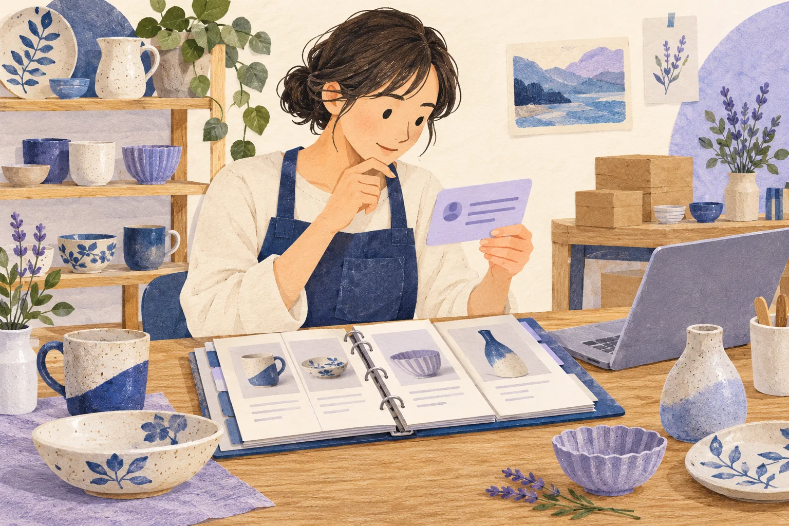 Illustration of a ceramics shop owner comparing a small question card with an open binder of product reference pages showing a mug, bowls and a vase
