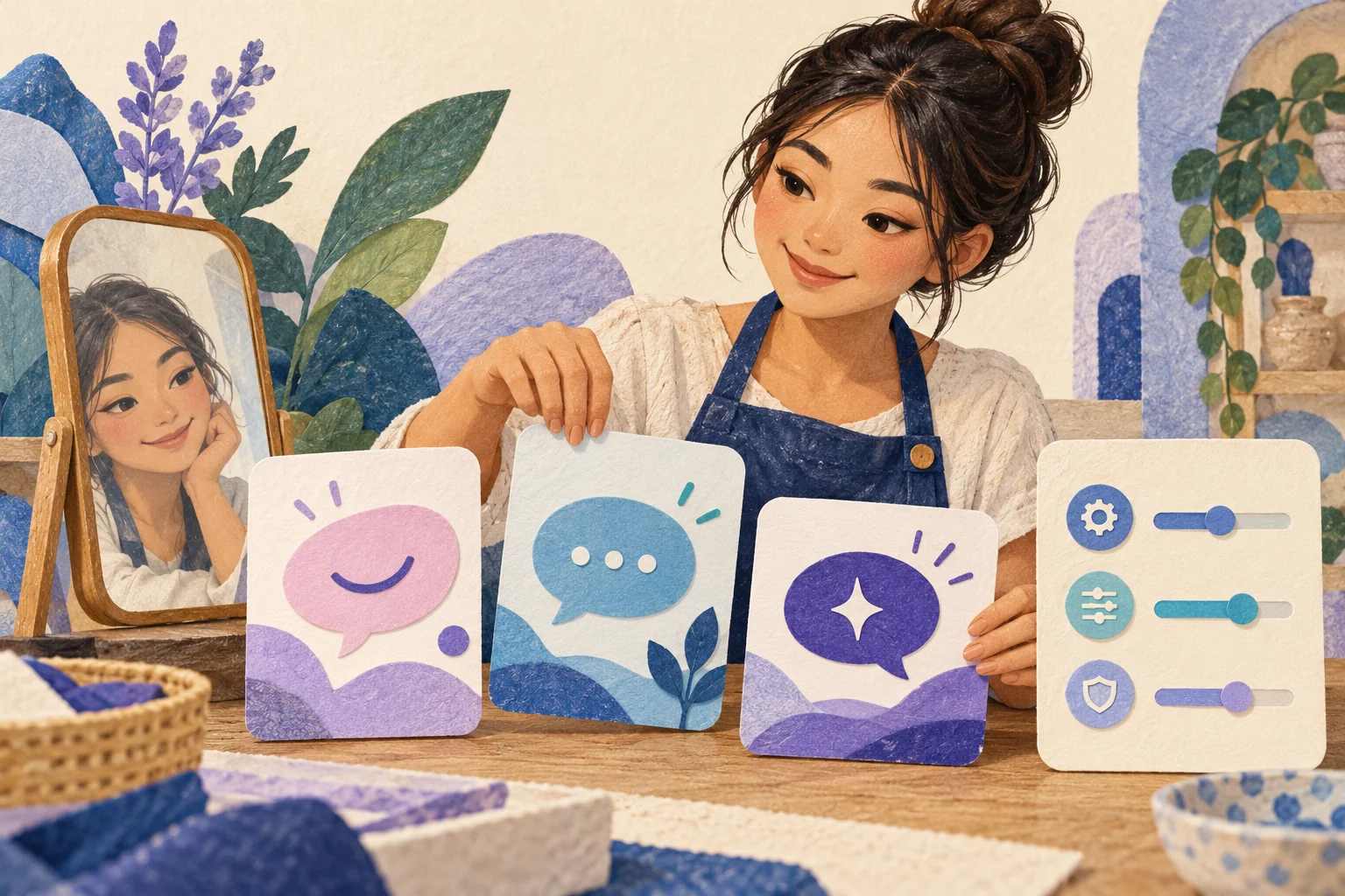 Illustration of a smiling shop owner holding up three expressive speech-bubble cards beside a mirror that reflects her, with a separate card of sliders and setting symbols to one side
