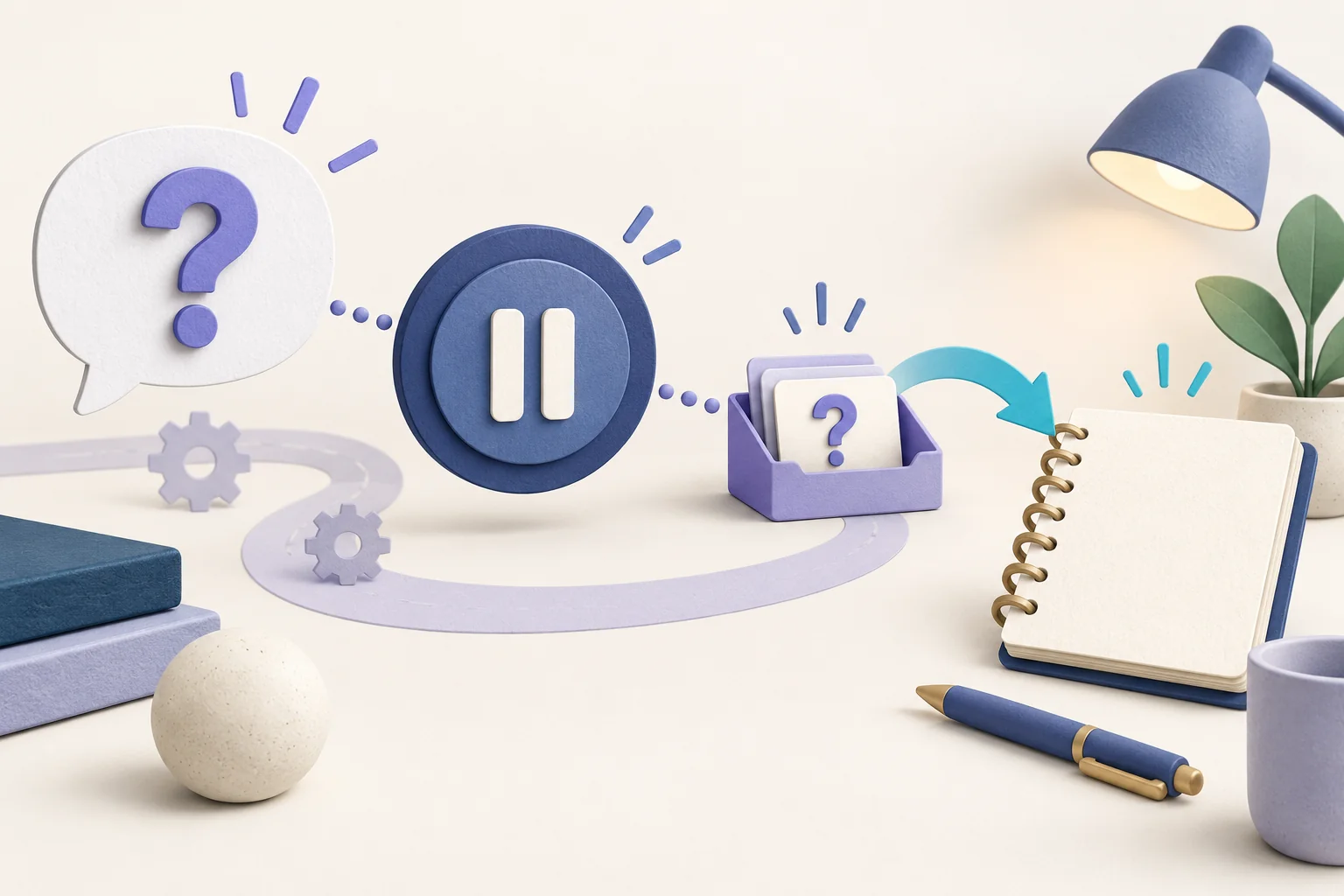 Illustration of a customer's question bubble, a pause symbol, a tray holding a waiting question and an open notebook on the owner's desk