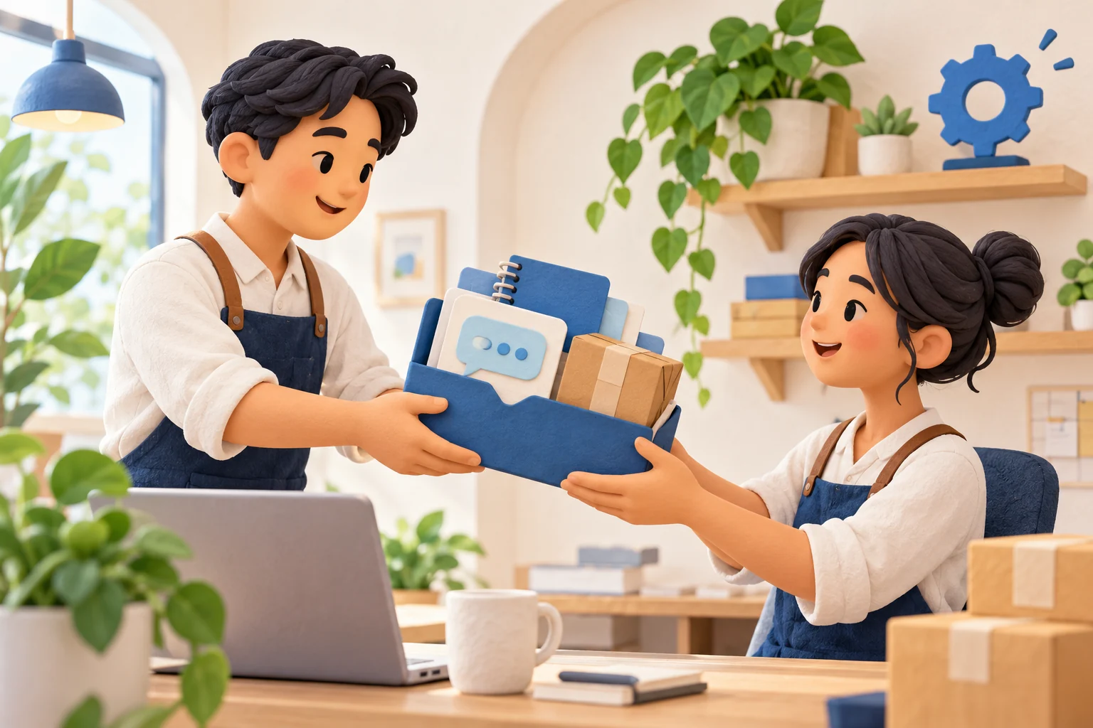 Illustration of one colleague passing another a folder that holds a chat card, a notebook and a parcel, with an automation gear resting on a shelf behind them