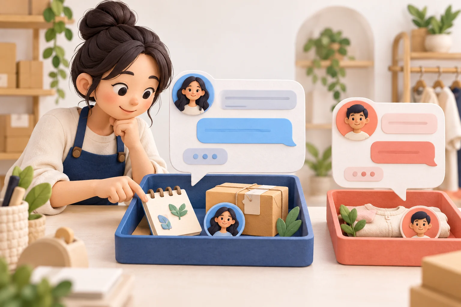 Illustration of a shop worker consulting one tray that holds a customer's speech card, a portrait card, a notebook and a parcel, while another customer's conversation waits in a separate tray