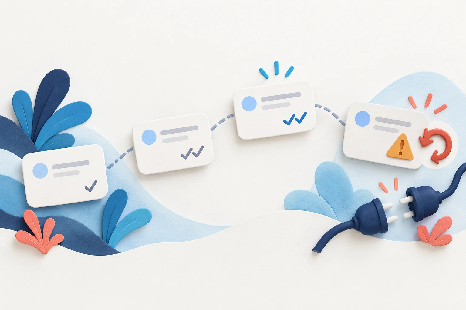 Illustration of a row of sent message cards with one tick, two ticks and two filled ticks, one card with a warning triangle and a send-again arrow, and two disconnected cable ends