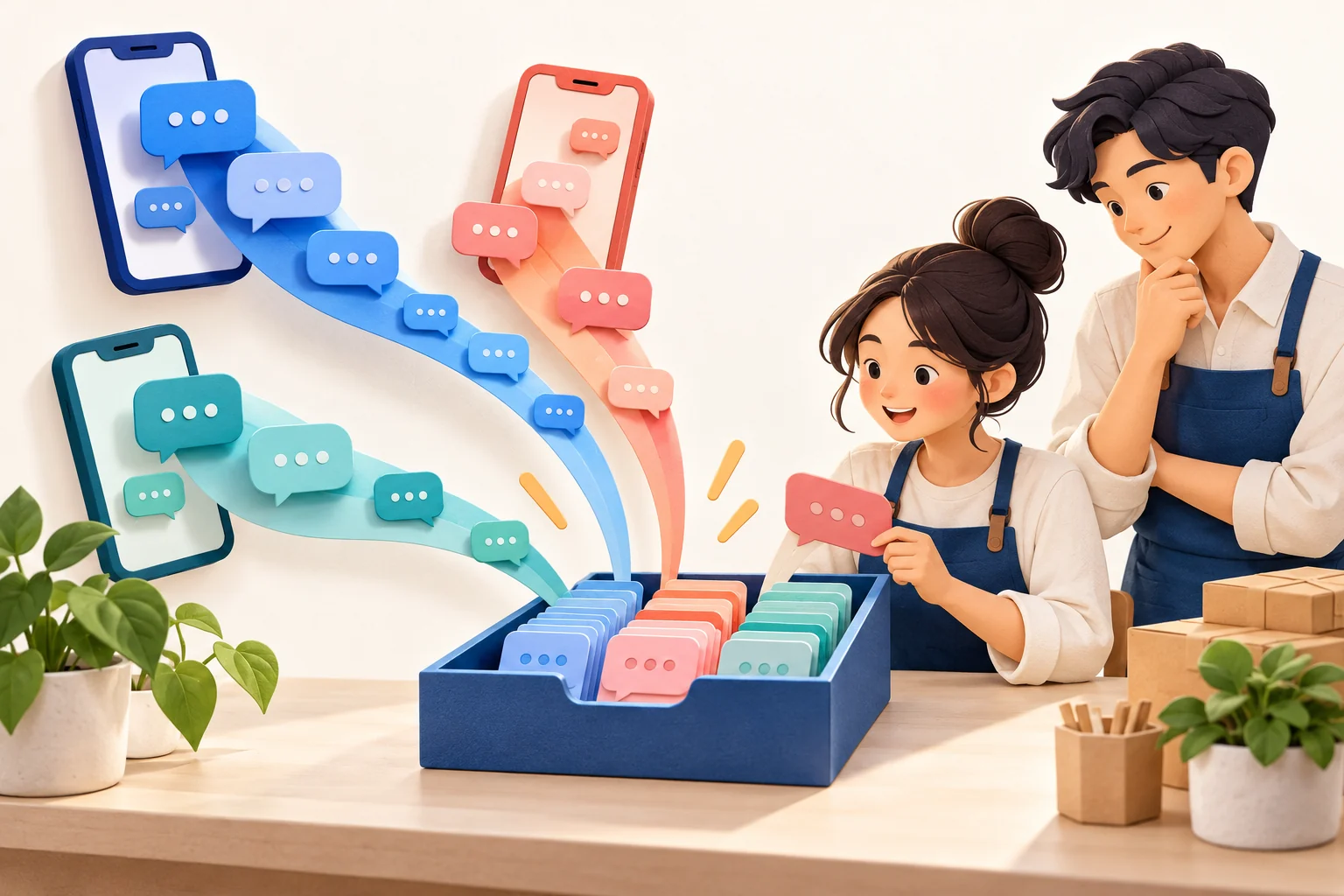 Illustration of three differently coloured message streams, without platform logos, converging into one organised inbox tray beside two shop staff