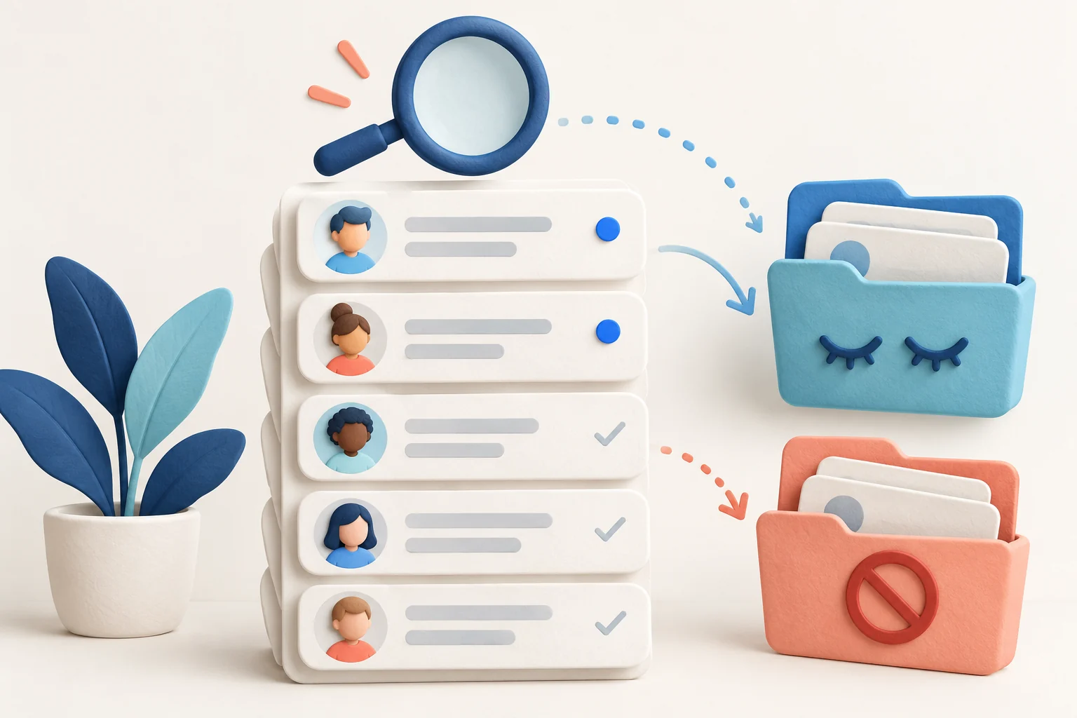 Illustration of one stack of message cards, some marked unread and some read, beside a folder for hidden chats, a folder for spam and a magnifying glass