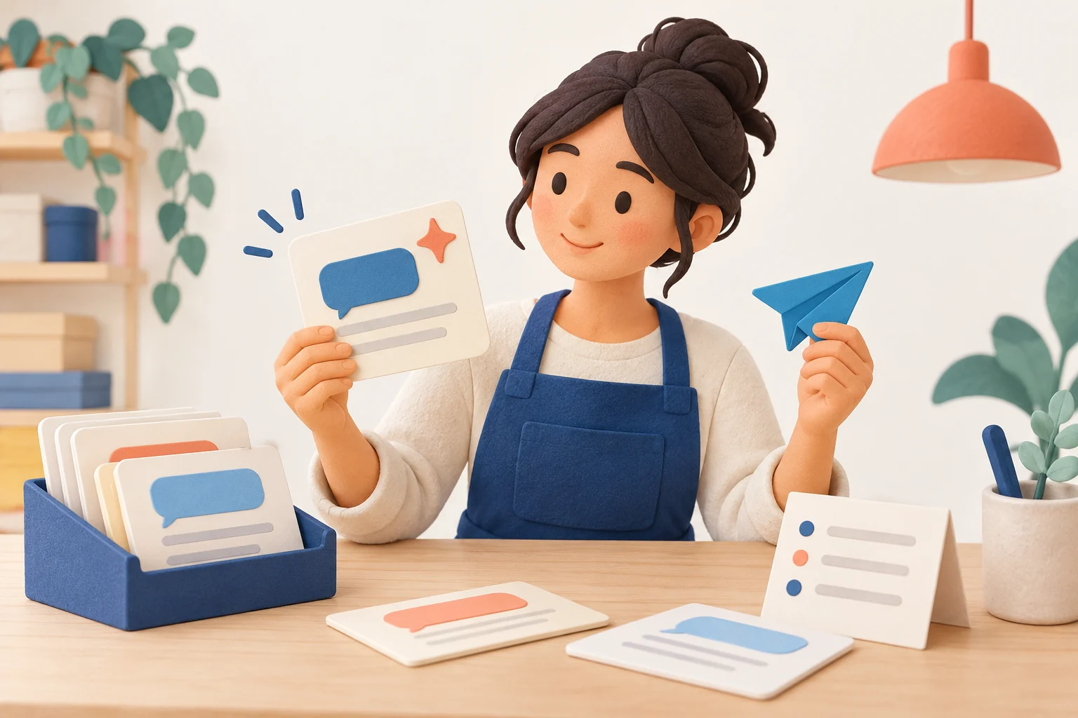 Illustration of a shop worker reviewing a draft reply marked with a sparkle, beside a deck of saved reply cards and a summary note, holding a paper send arrow