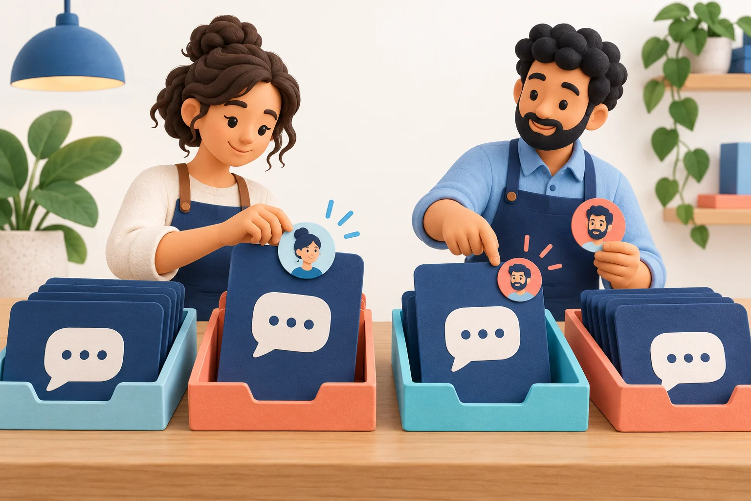 Illustration of two shop staff each taking a different conversation card from separate waiting trays, each card marked with that person's portrait token