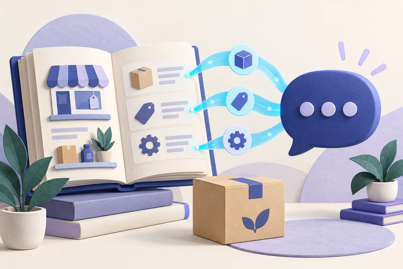 Illustration of an open shop notebook whose product, price-tag and settings entries link to a single chat reply, beside a parcel