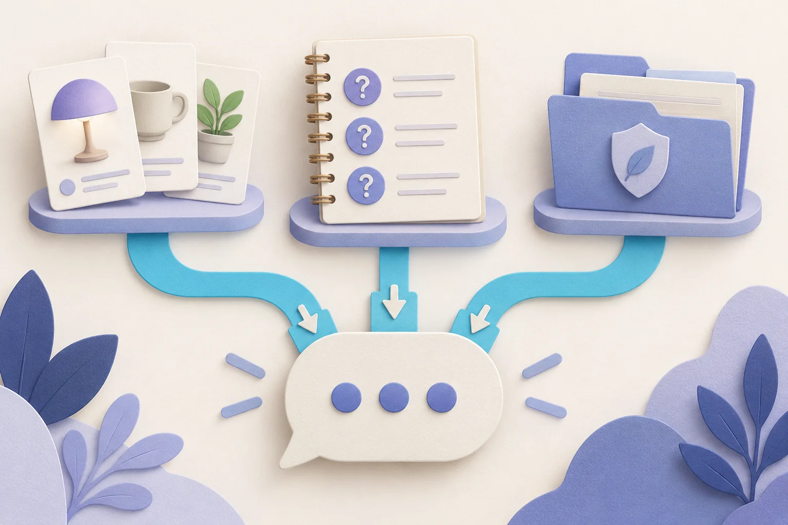 Illustration of product cards, an FAQ notebook and a policy folder, each feeding into one chat reply