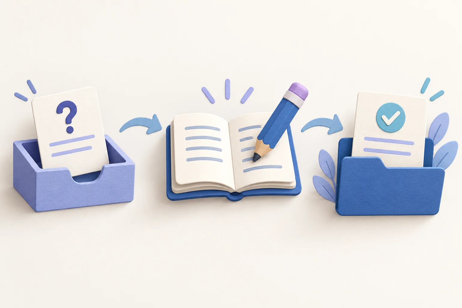 Illustration of three steps: a question card in a tray, an answer being written in a notebook, and a ticked page filed in a folder