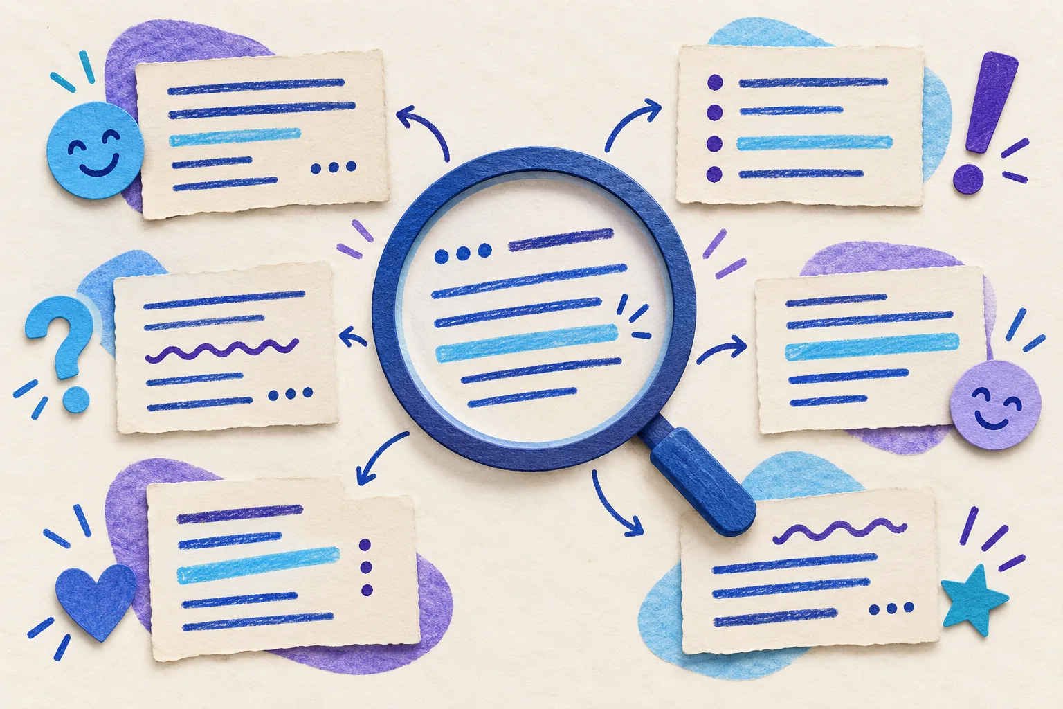 Illustration of a magnifying glass among six paper cards marked with repeated coloured lines, punctuation and smile shapes