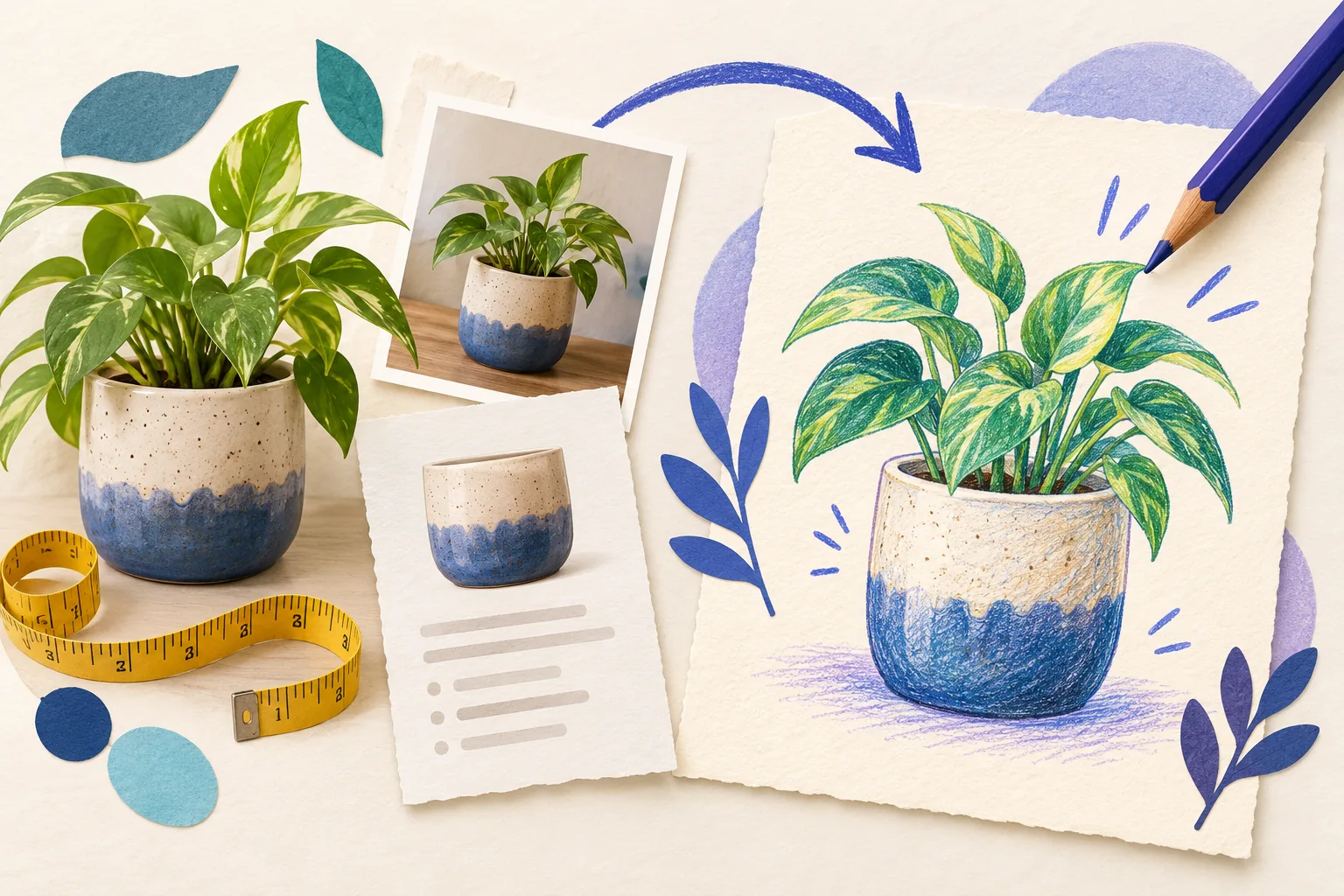 Illustration of a potted plant, reference photos and a measuring tape feeding a pencil-drawn post draft