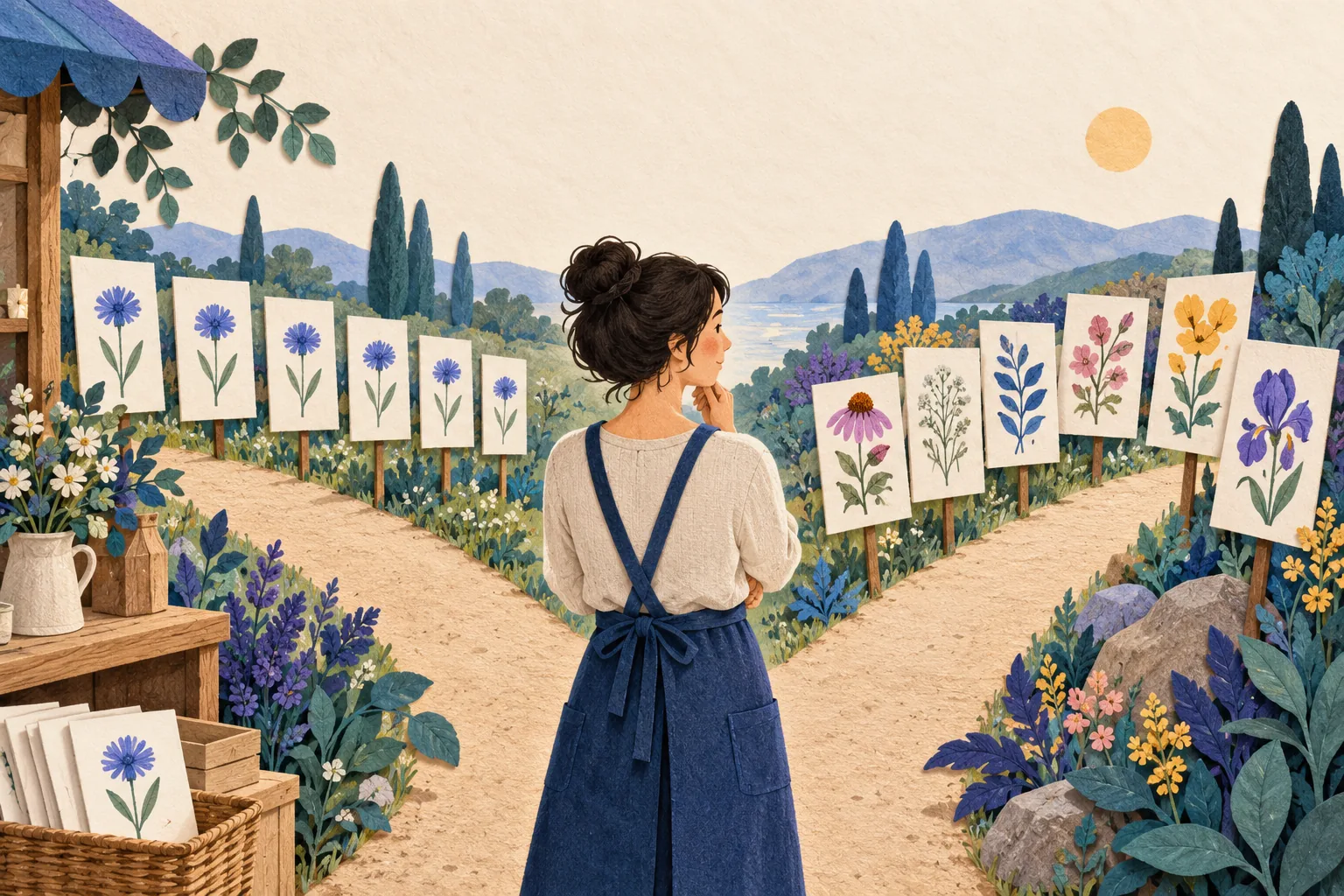 Illustration of a shop owner standing where two paths split, with matching botanical cards on the left and varied botanical cards on the right