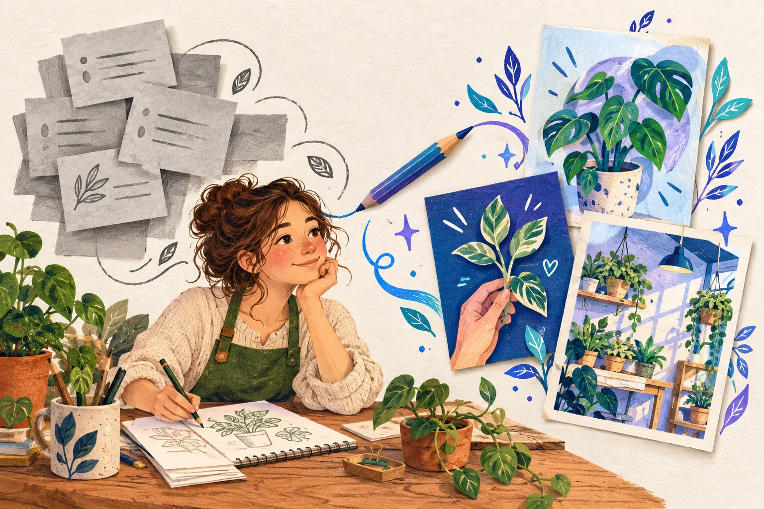 Illustration of a plant-shop owner writing at a desk, with plain grey paper cards on the left and colourful botanical post artwork on the right, linked by a pencil