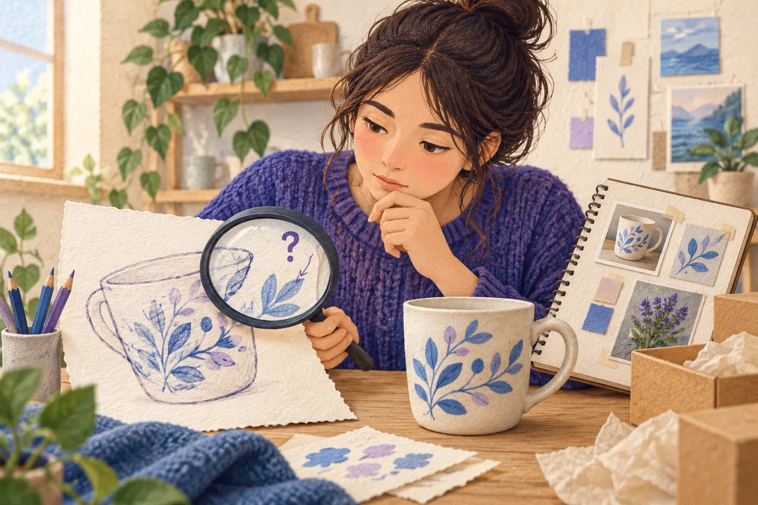 Illustration of a shop owner using a magnifying glass to compare a drawing of a mug with the real mug and a reference notebook, with a question mark over an uncertain detail