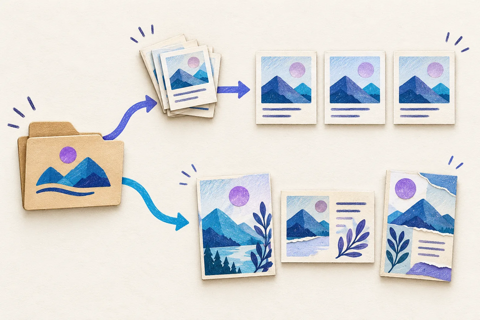Illustration of a folder whose path forks in two: the upper path adds a stack of similar cards and ends in similar post layouts, the lower path ends in varied layouts