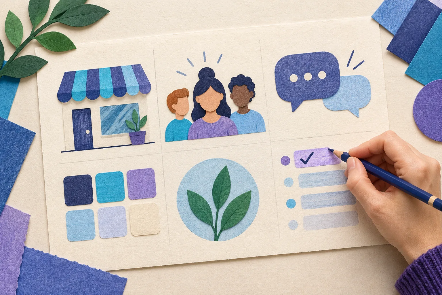 Illustration of a paper worksheet with a shopfront, people, a speech bubble, colour swatches and a leaf emblem, while a hand checks one field