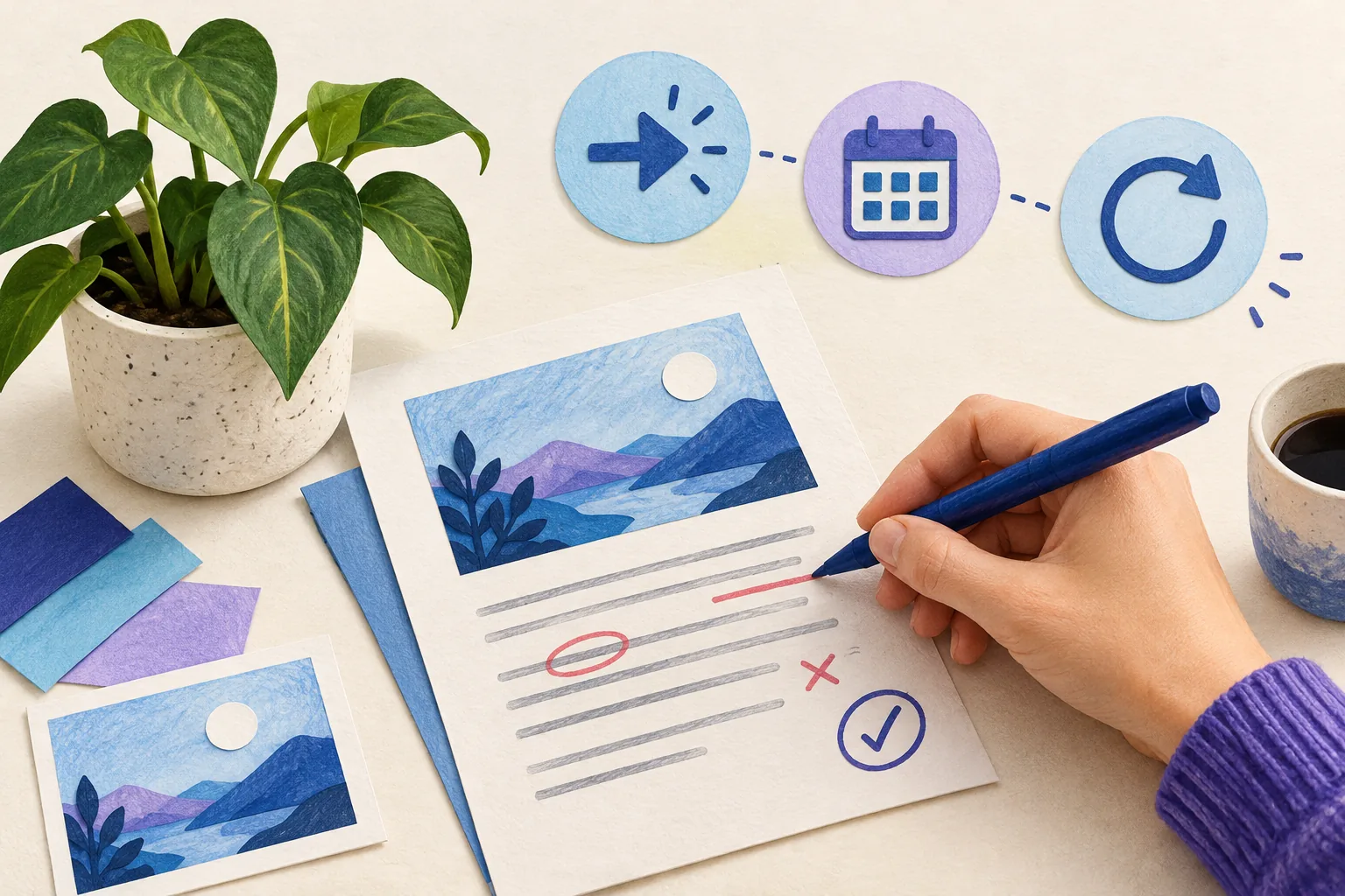 Illustration of a hand marking corrections on a paper draft beside a potted plant, with arrow, calendar and circular-arrow symbols in the background
