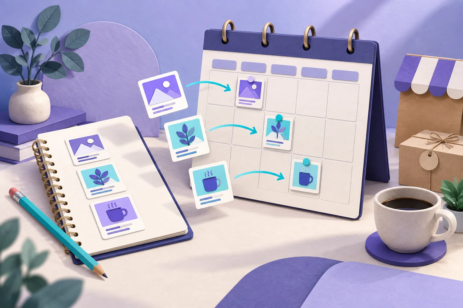 Illustration of Facebook Page posts placed on a calendar, standing for a Page that keeps posting on a regular schedule