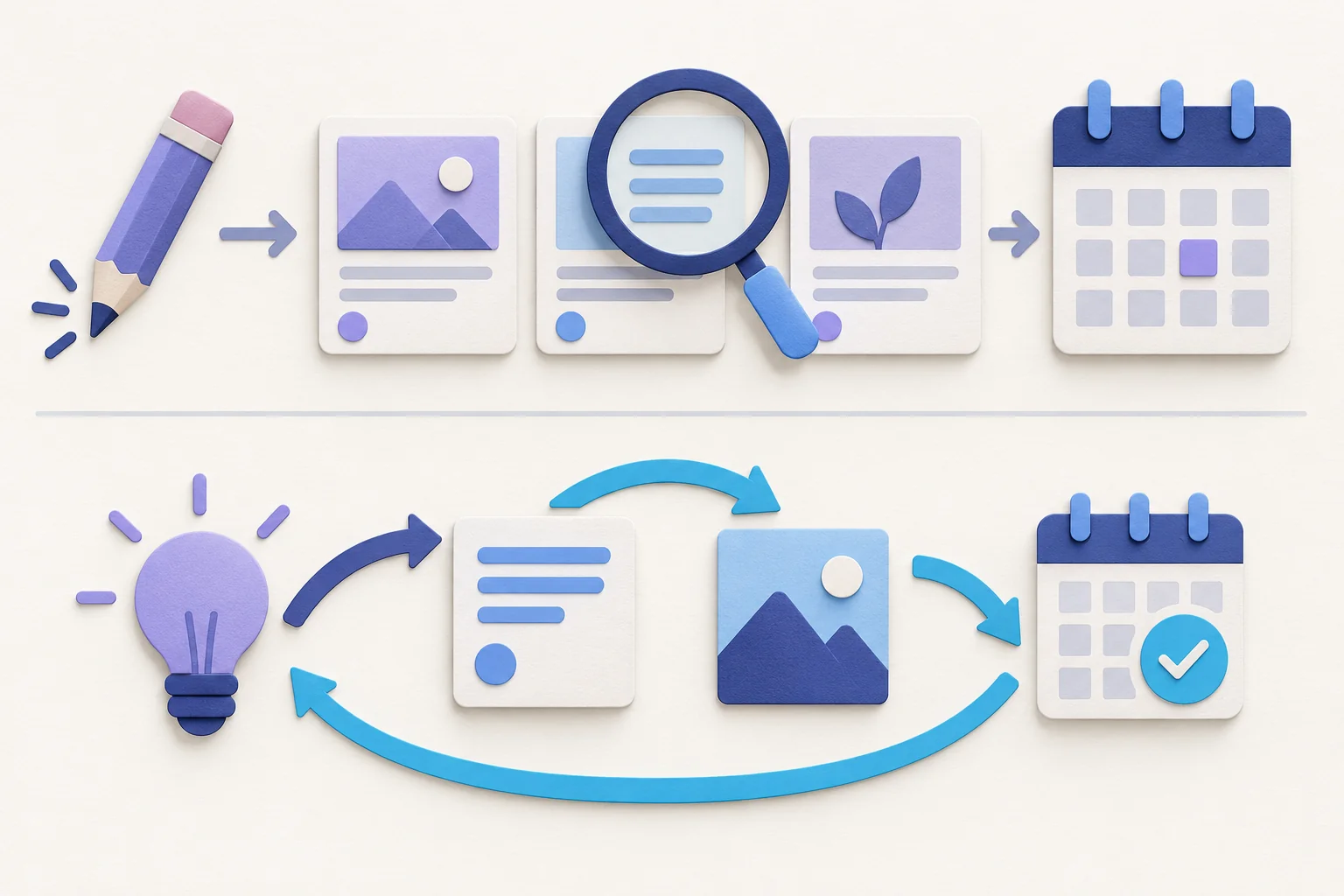 Illustration comparing two paths: in manual mode you write, check and schedule each post yourself; with AutoPilot the topic, writing, image and publishing happen on the schedule you set