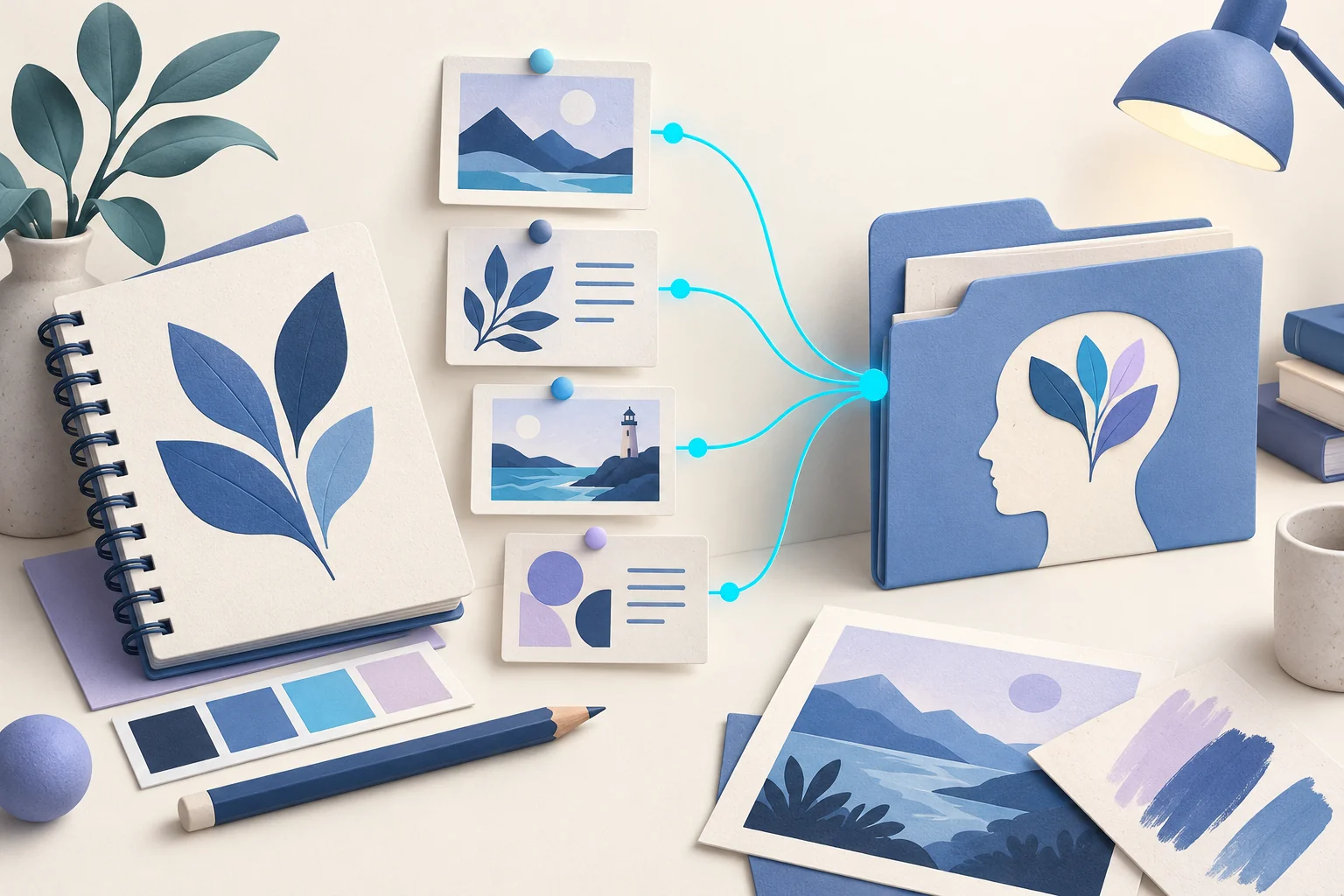 Illustration of a Page's past posts being read into a brand profile that covers tone, writing style, words and hashtags, emoji use and typical post length