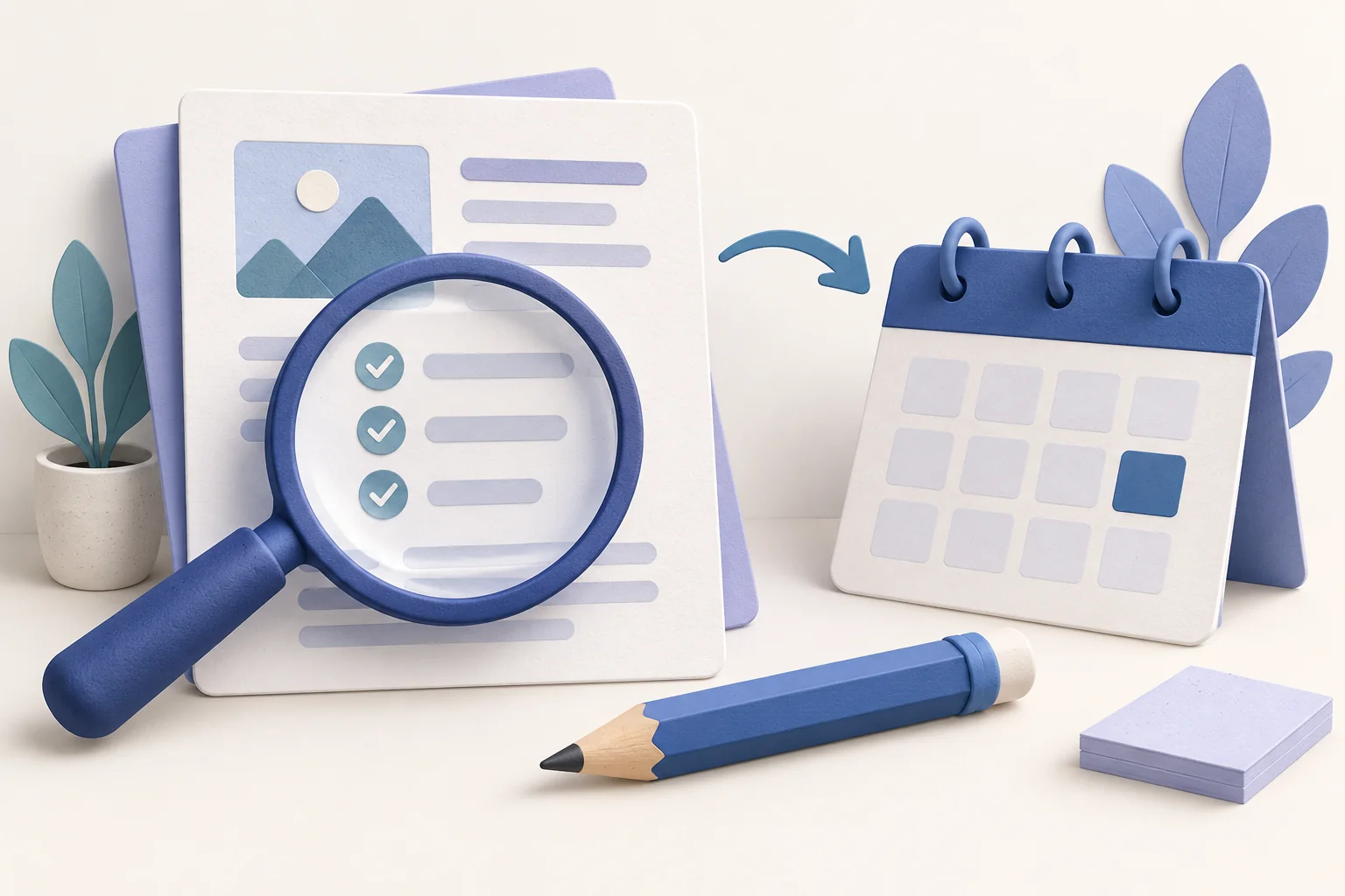 Illustration of an AI draft passing through editing, choosing an image style, and a preview before the choice to publish now, schedule it or save it as a draft