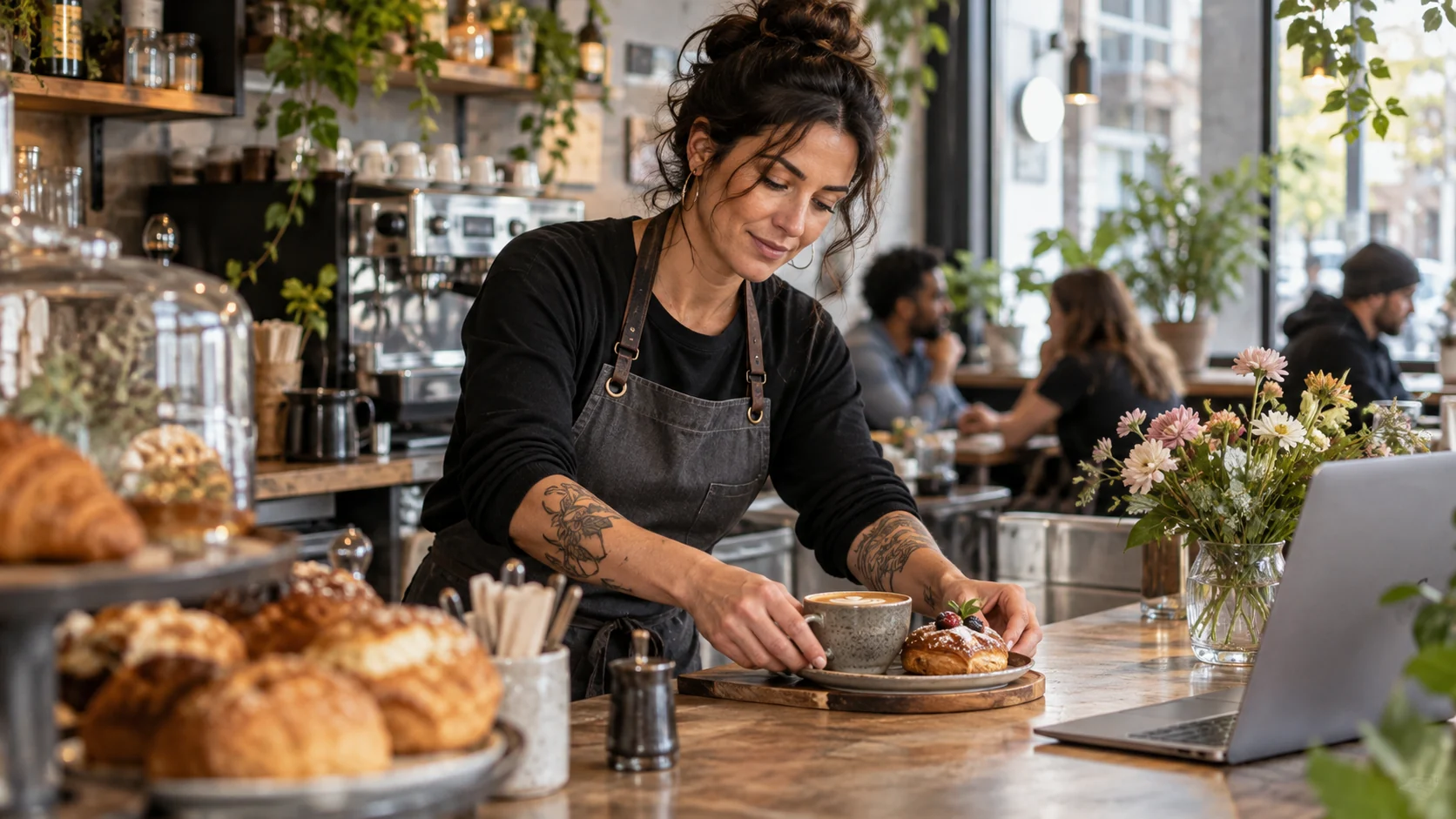 Eine Cafébetreiberin arrangiert Kaffee und Gebäck für ein Foto