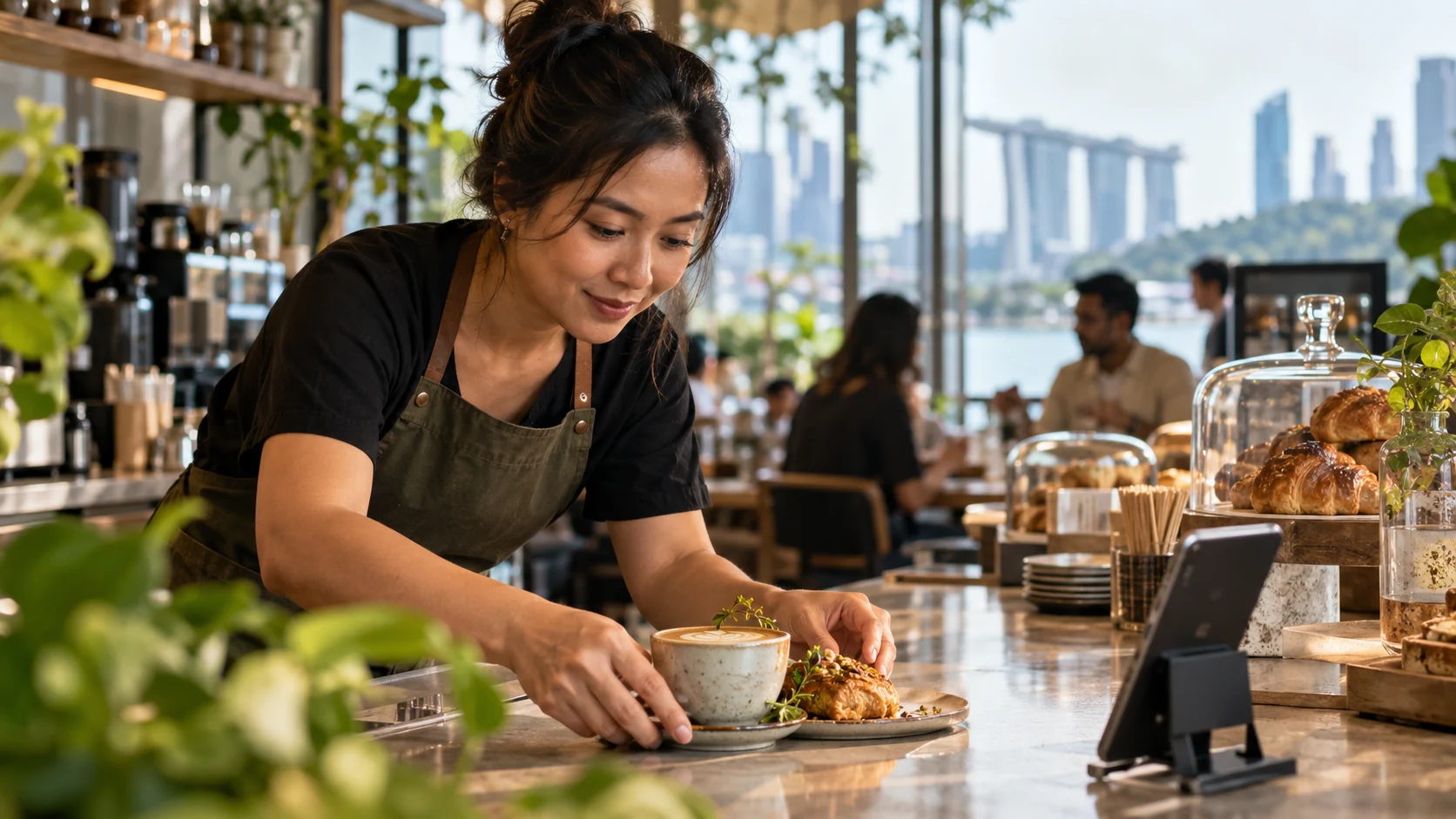 A café owner styling coffee and pastries for a photograph