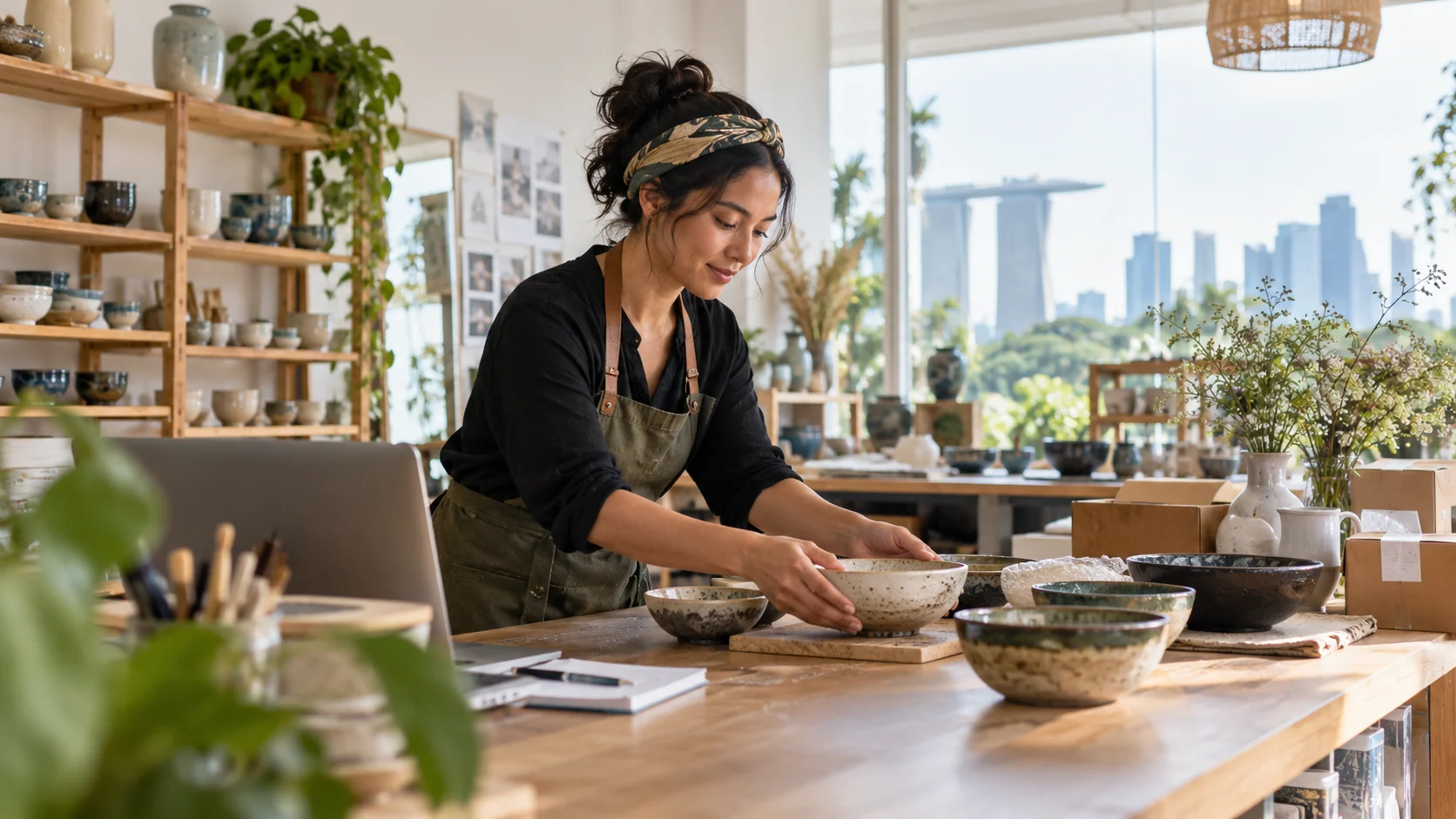 A studio owner arranging handmade ceramics