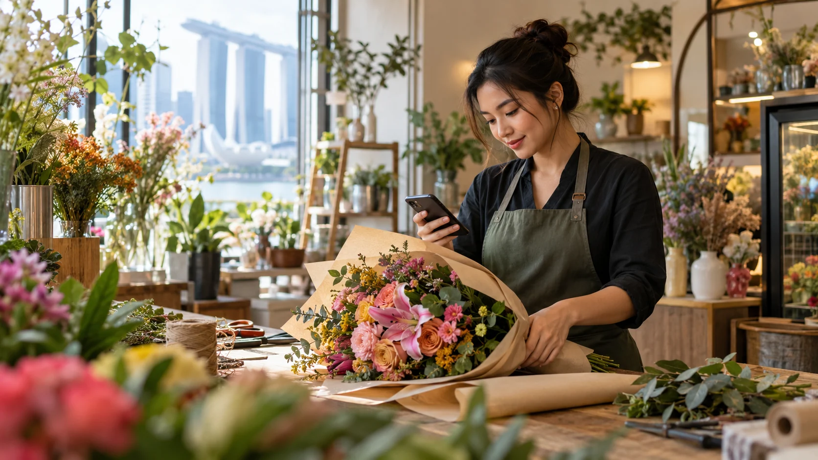 A florist preparing a bouquet