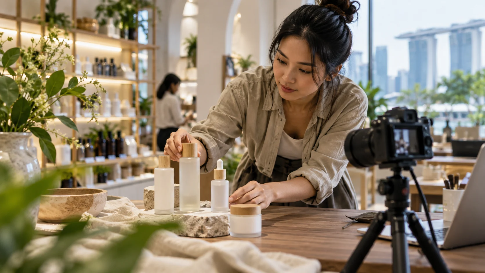 Illustrative skincare owner photographing products