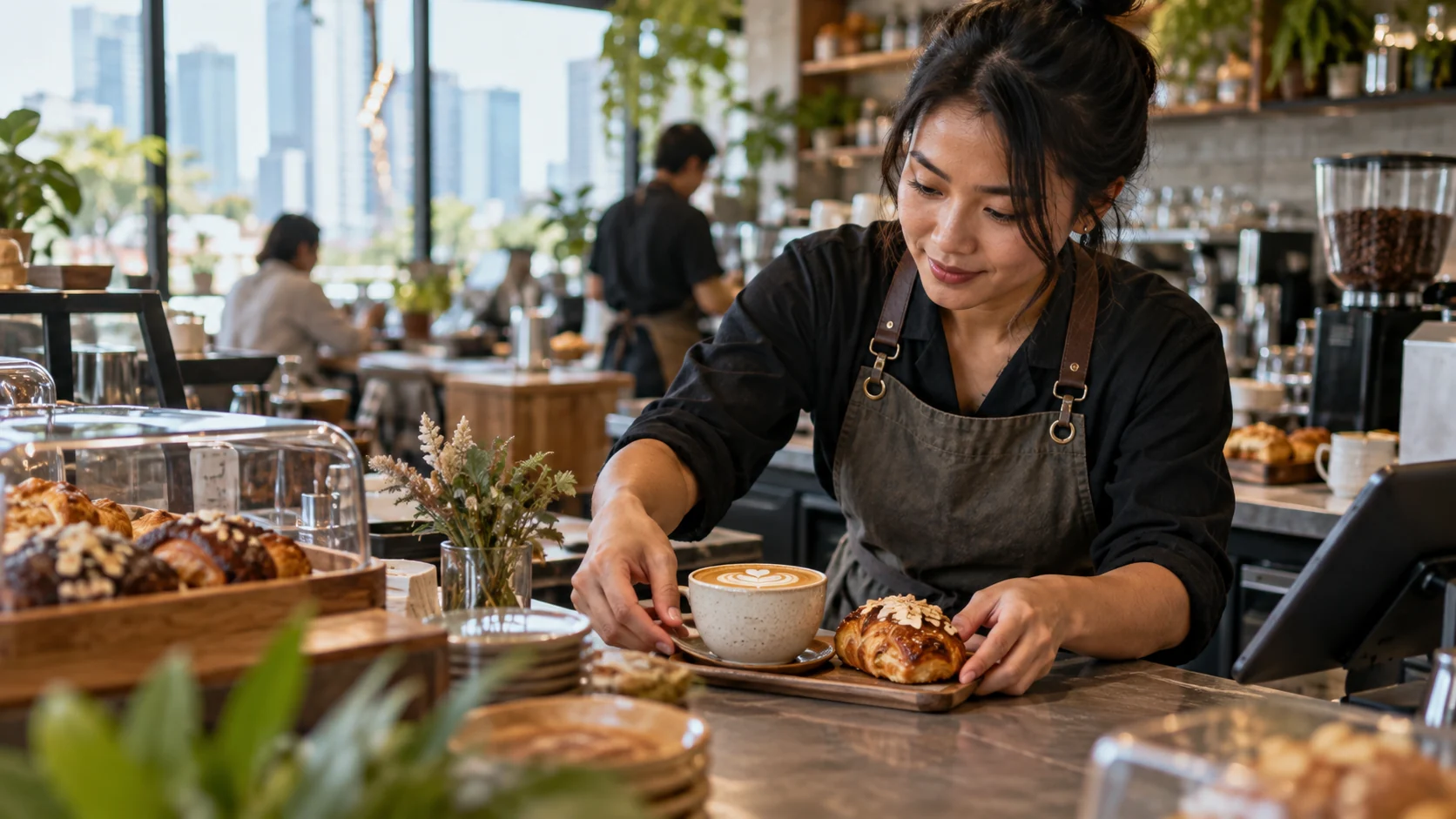 Pemilik kafe menata kopi dan kue untuk difoto