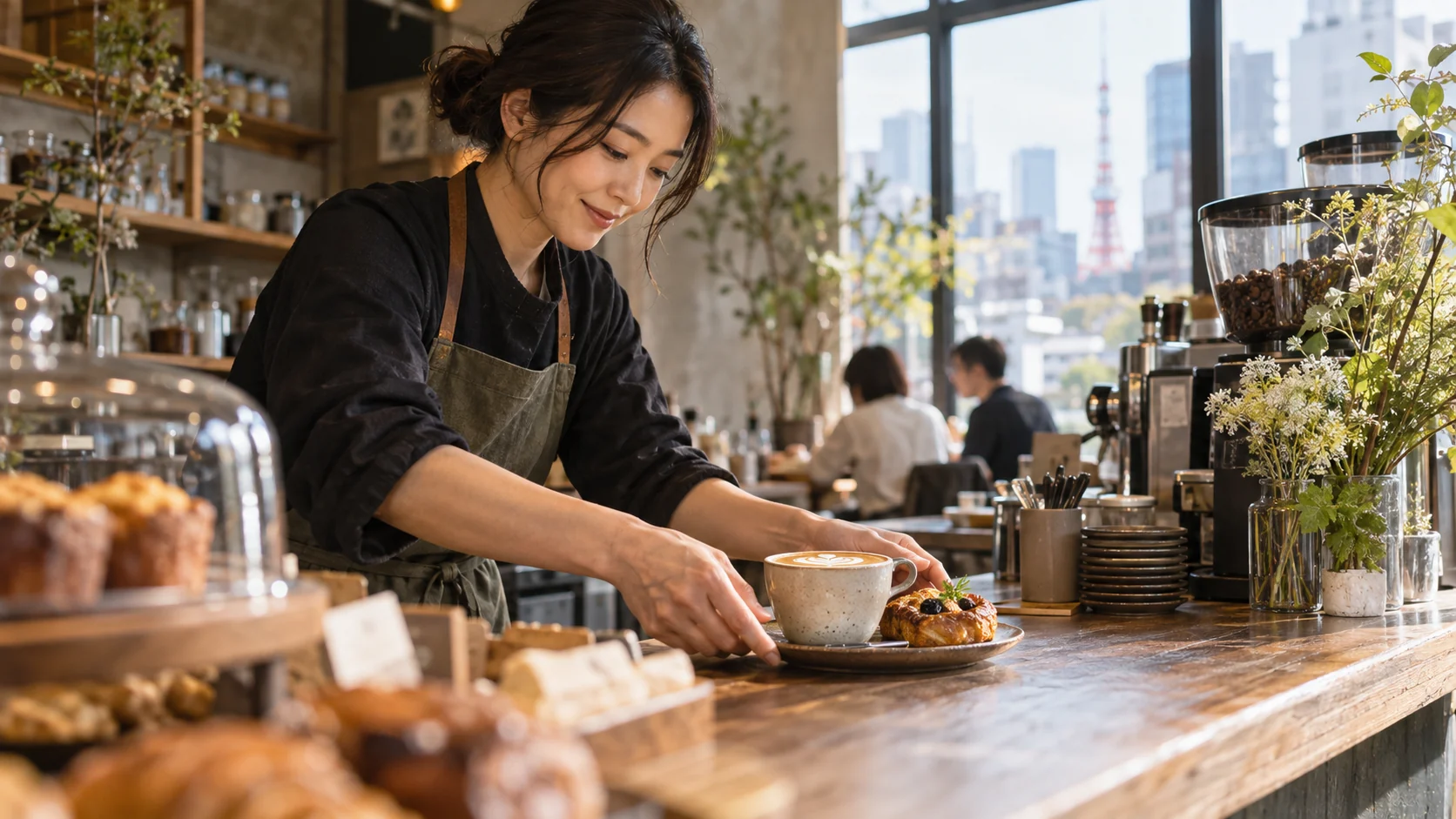 撮影用にコーヒーとお菓子を並べるカフェのオーナー