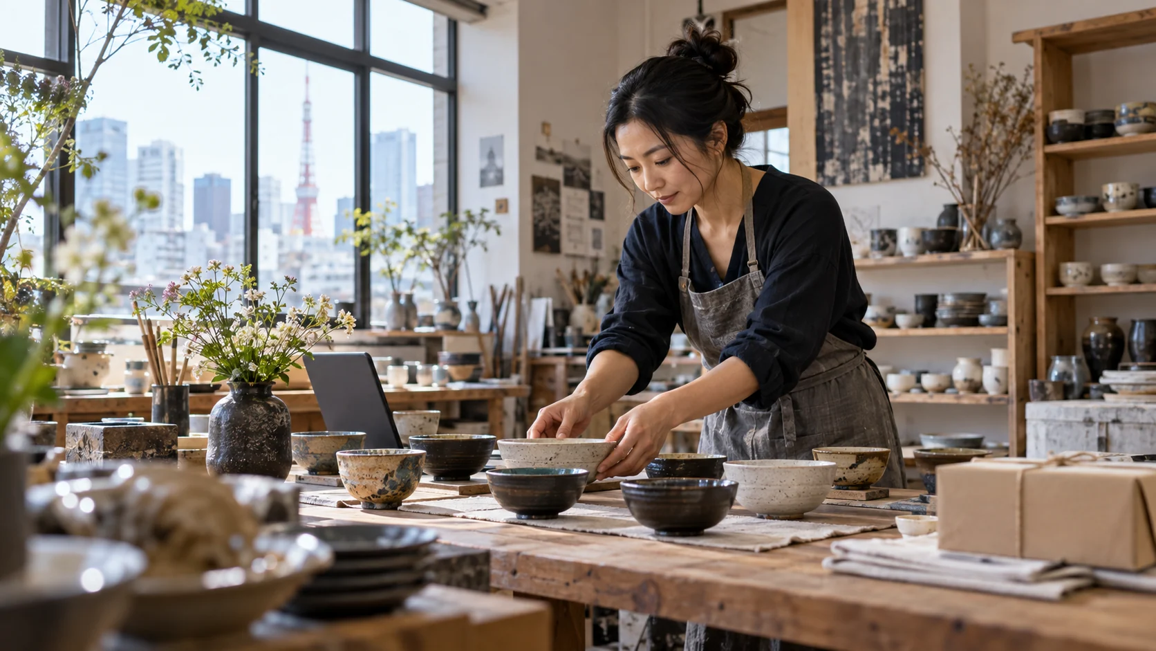 手作りの陶器を並べる工房のオーナー