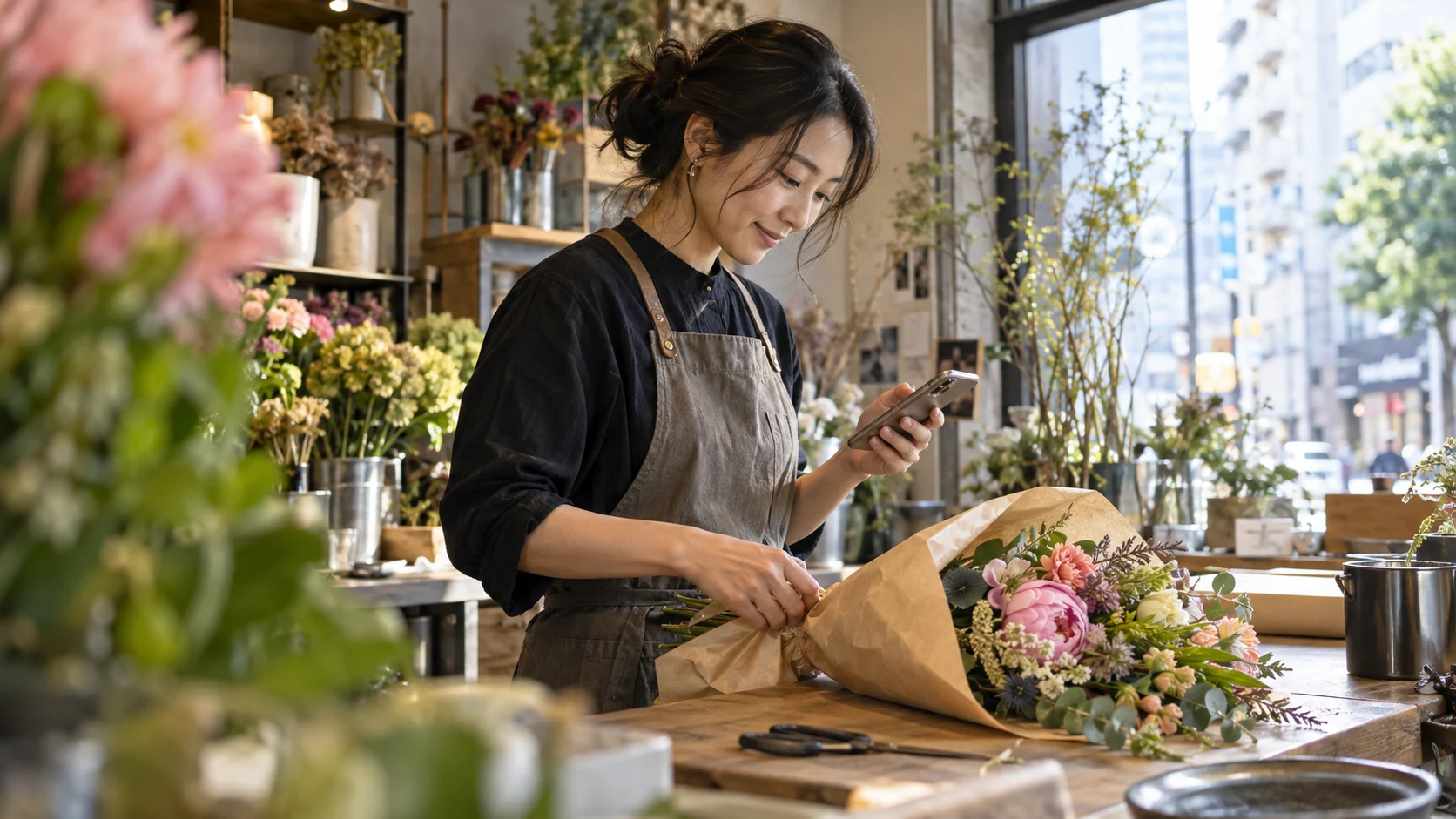 花束を準備する花屋のオーナー