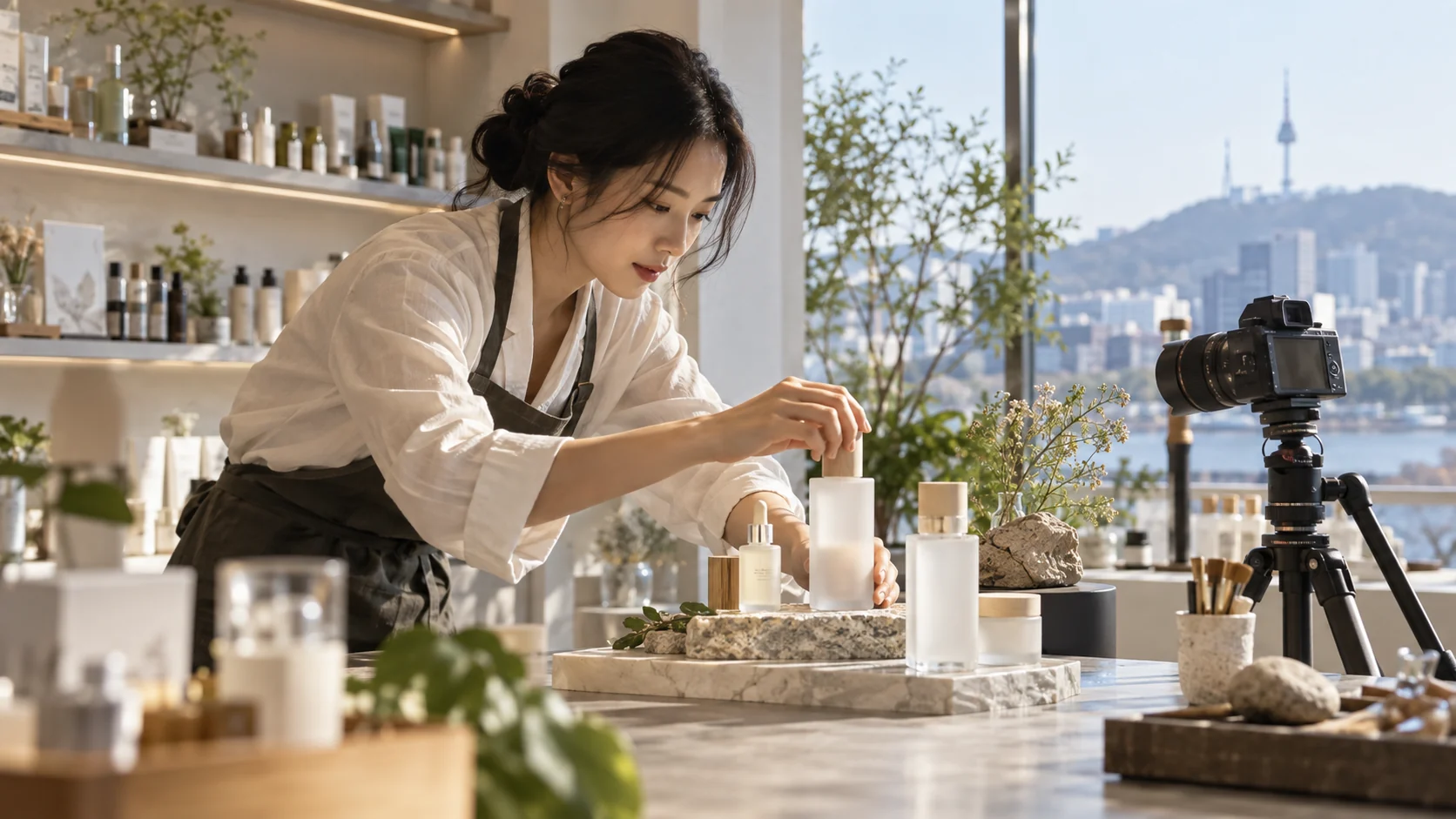 상품을 촬영하는 스킨케어 매장 운영자 예시 이미지